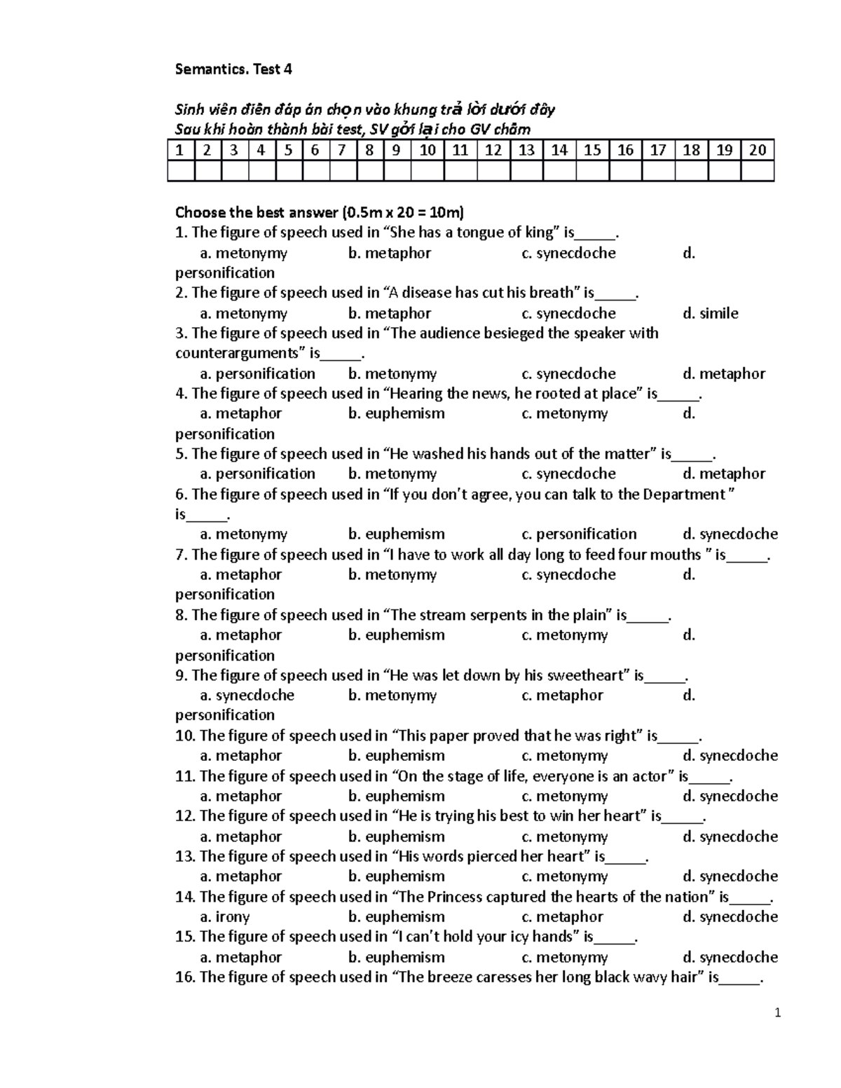 semantics test 123 - Semantics. Test 4 Sinh viên điêền đáp án ch ọn vào ...