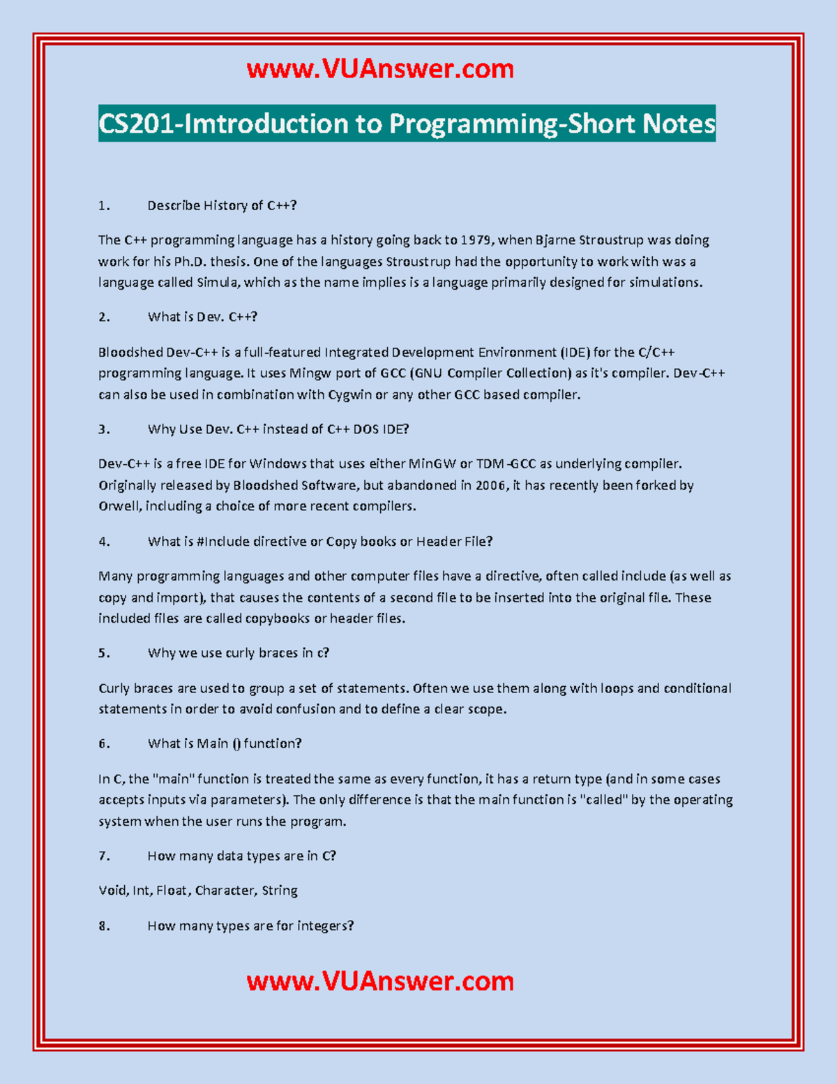 CS201 Midterm Short notes and Subjectives Question and Answer - CS201 ...