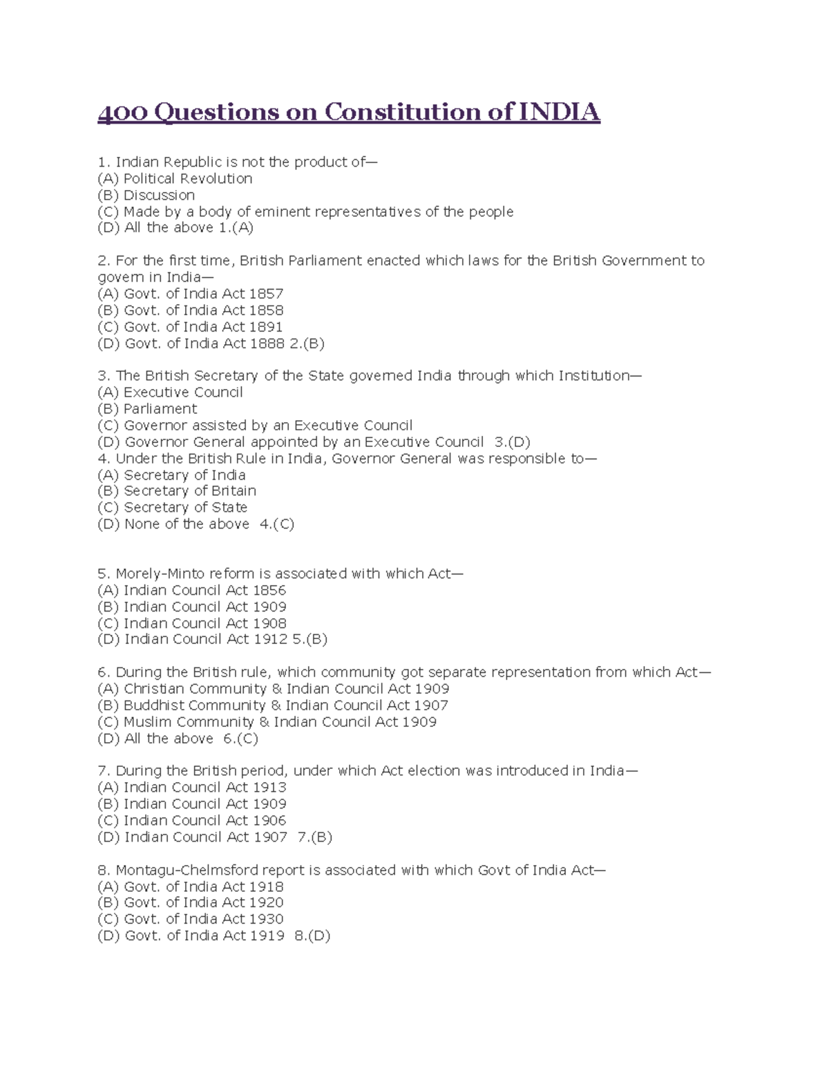 All Constitution Mcq - Objective Question(MCQs) - 400 Questions On ...