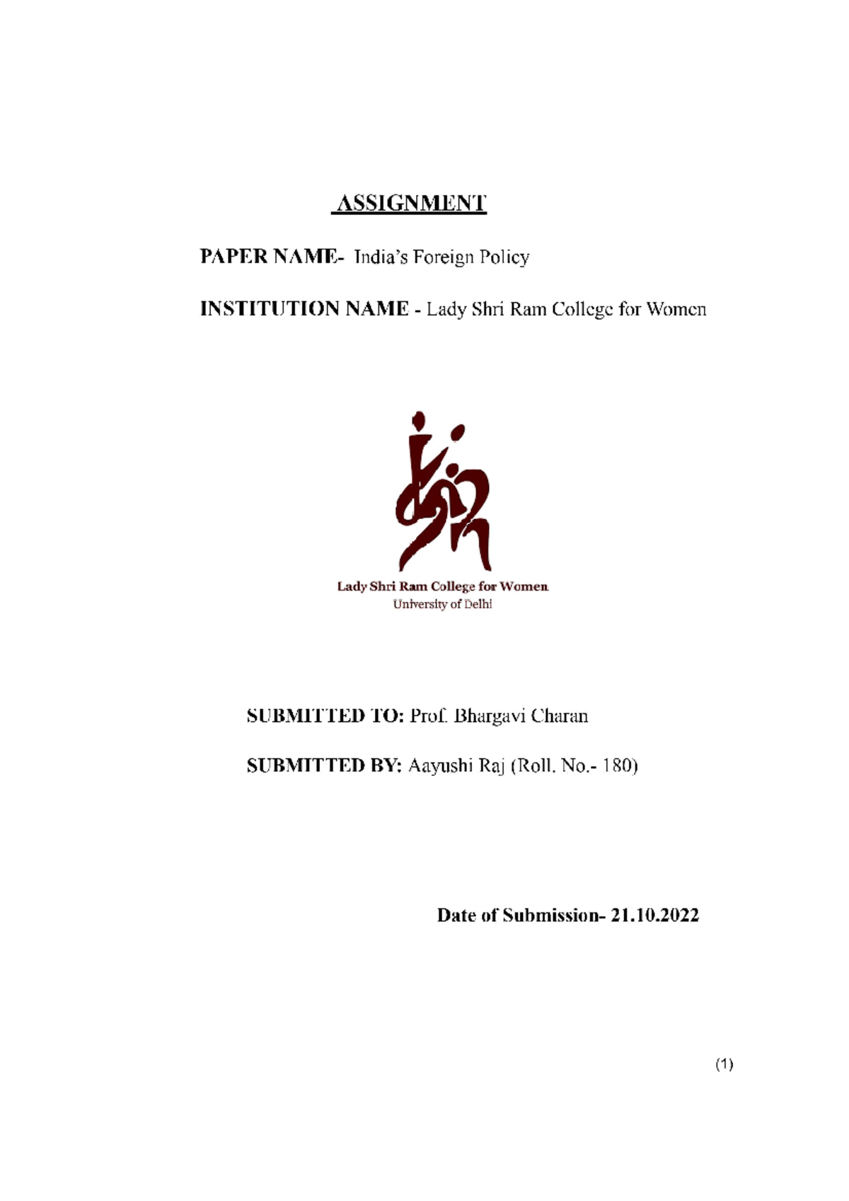 IFP assignment - indian foreign policy - BA History Hons - CBCS - Lady ...