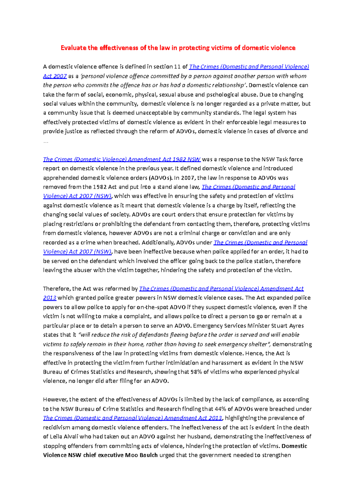 Domestic Violence - Evaluate the effectiveness of the law in protecting ...