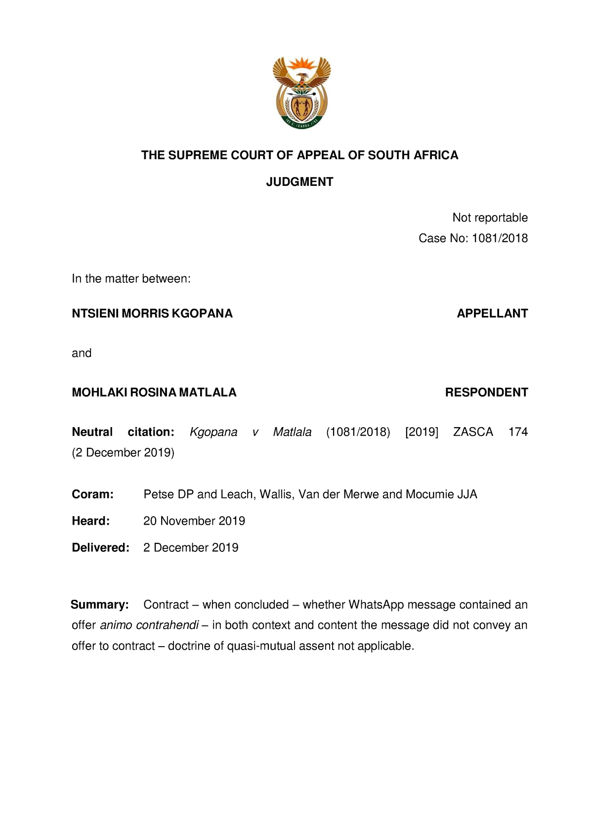 Case Law For Contract - THE SUPREME COURT OF APPEAL OF SOUTH AFRICA ...