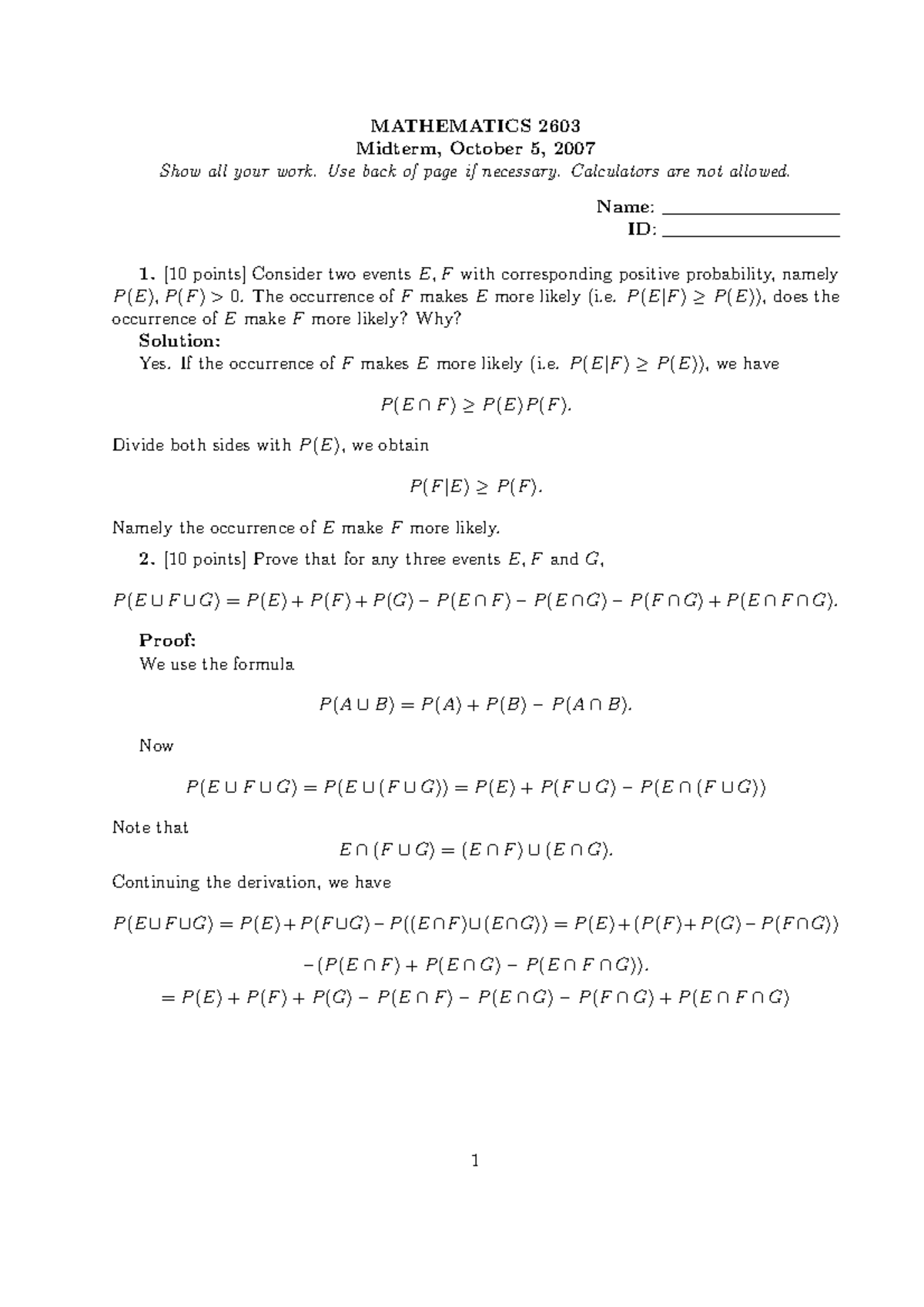Midterm, answers - MATHEMATICS 2603 Midterm, October 5, 2007 Show all ...