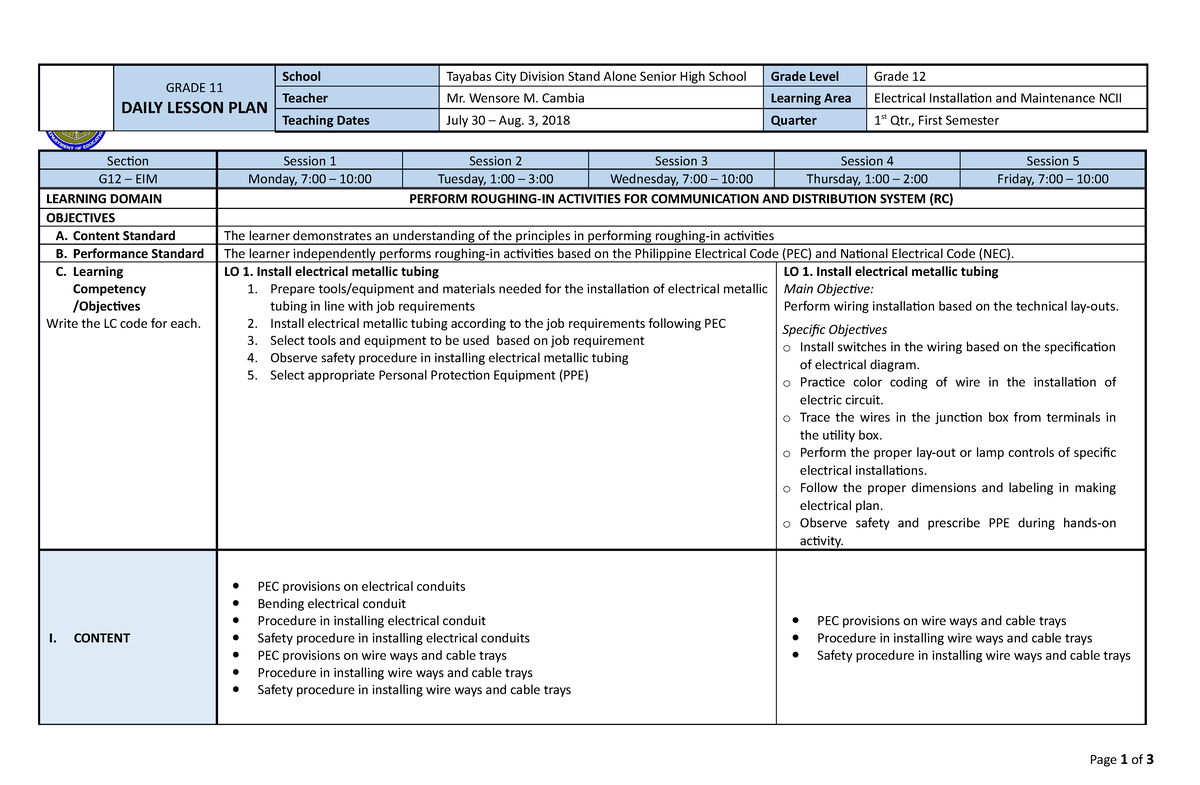 Lesson Plan In EIM NCII - GRADE 11 DAILY LESSON PLAN School Tayabas ...