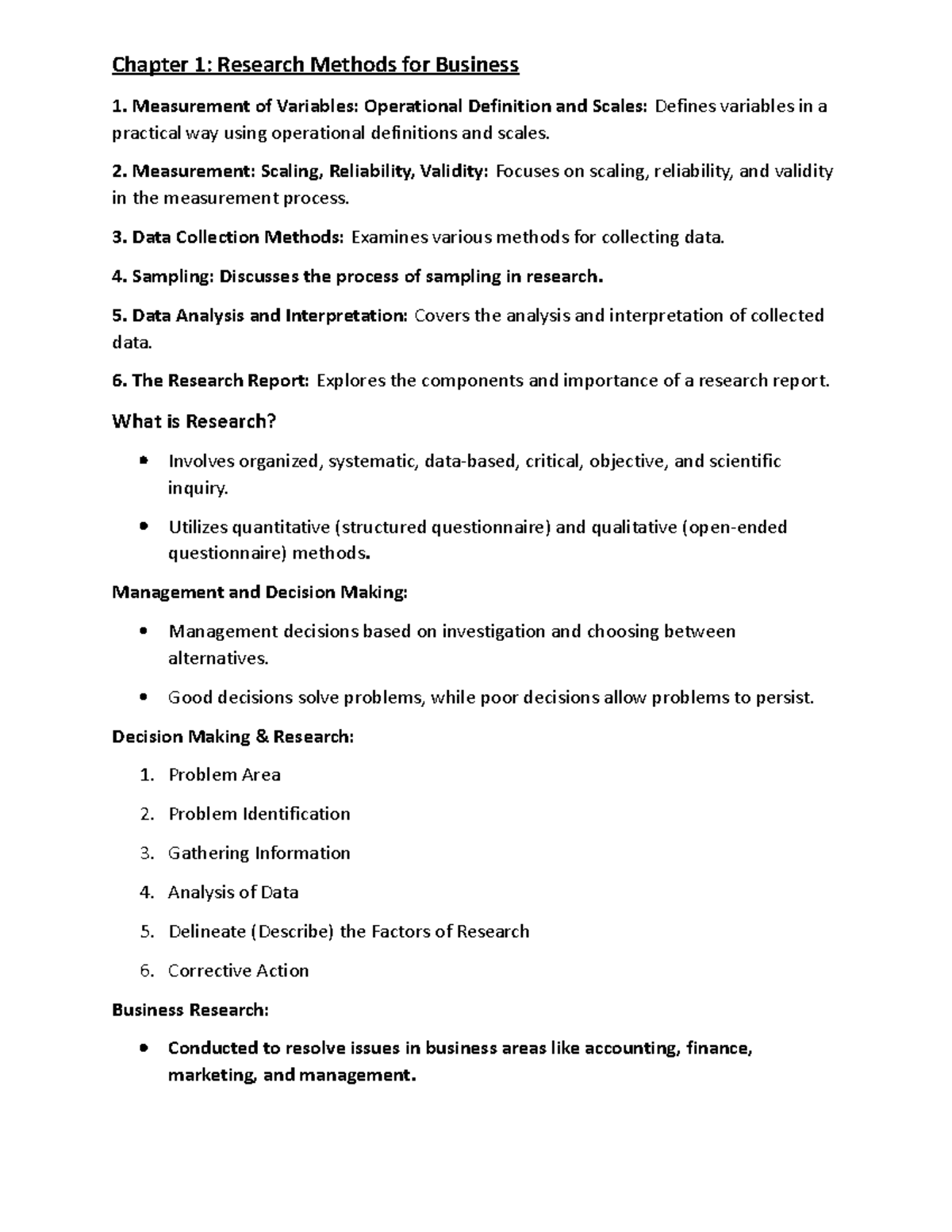 Summarized - Chapter 1: Research Methods for Business 1. Measurement of ...