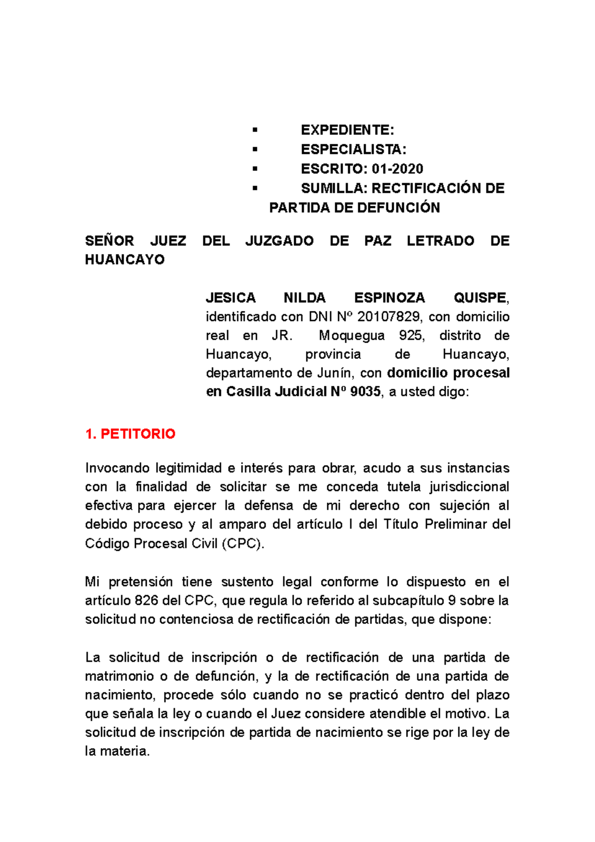 Rectificacion de partida de defuncion -  EXPEDIENTE:  ESPECIALISTA:   ESCRITO: 01-  SUMILLA: - Studocu