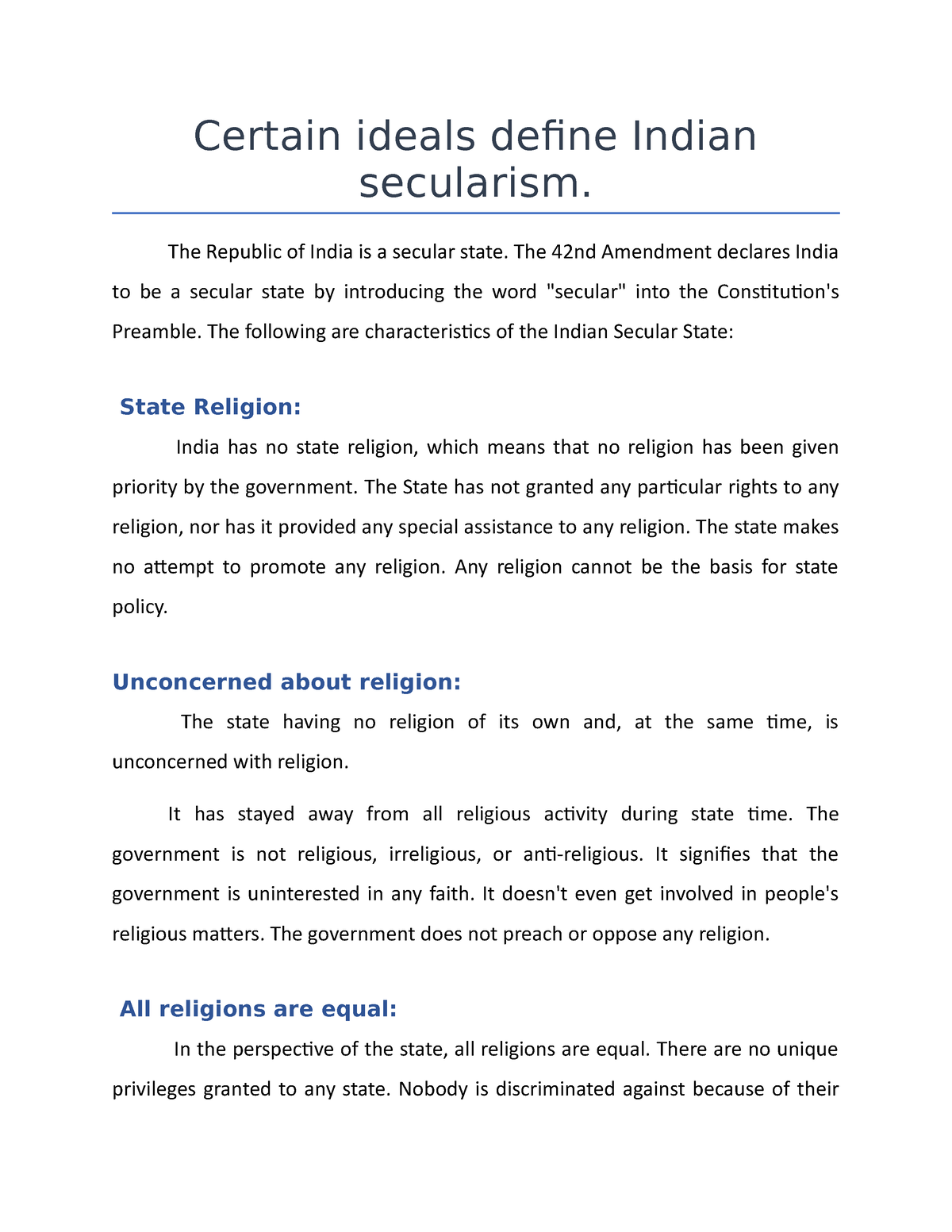 Certain ideals define Indian secularism - The Republic of India is a ...