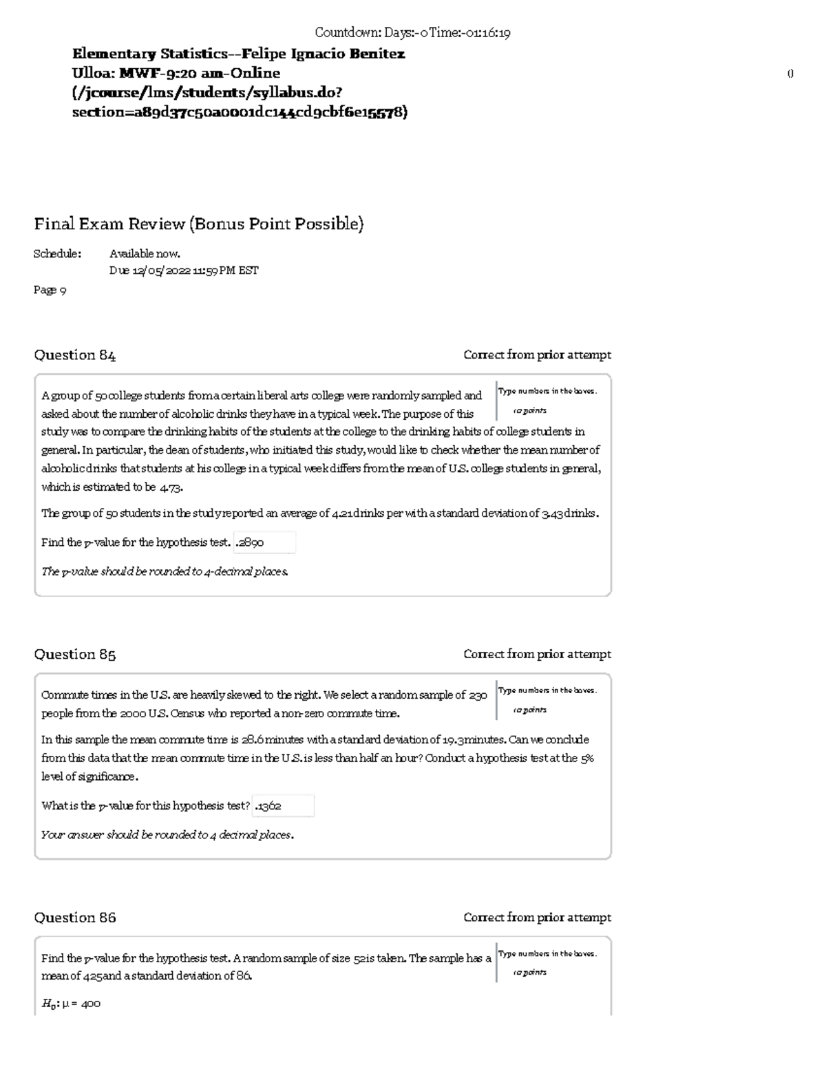 Final Exam Review (Bonus Point Possible)#9 - Elementary Statistics ...