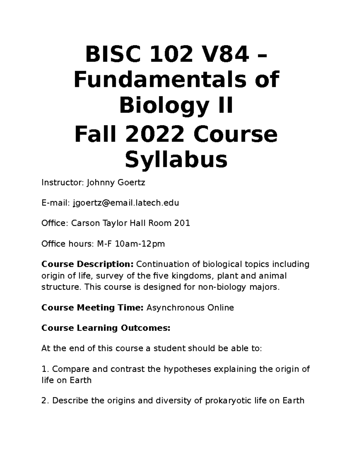 BISC 102 Syllabus - BISC 102 V84 – Fundamentals Of Biology II Fall 2022 ...