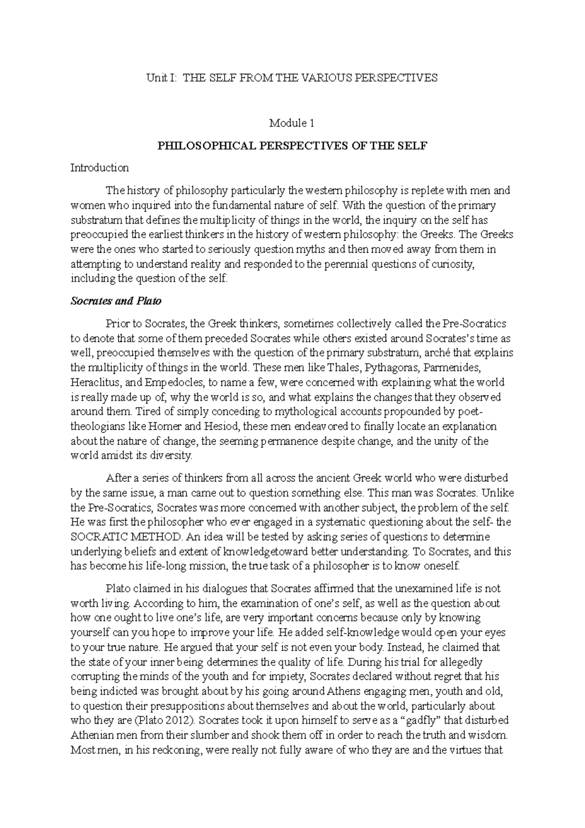 Unit-I - UTS - Unit I: THE SELF FROM THE VARIOUS PERSPECTIVES Module 1 ...
