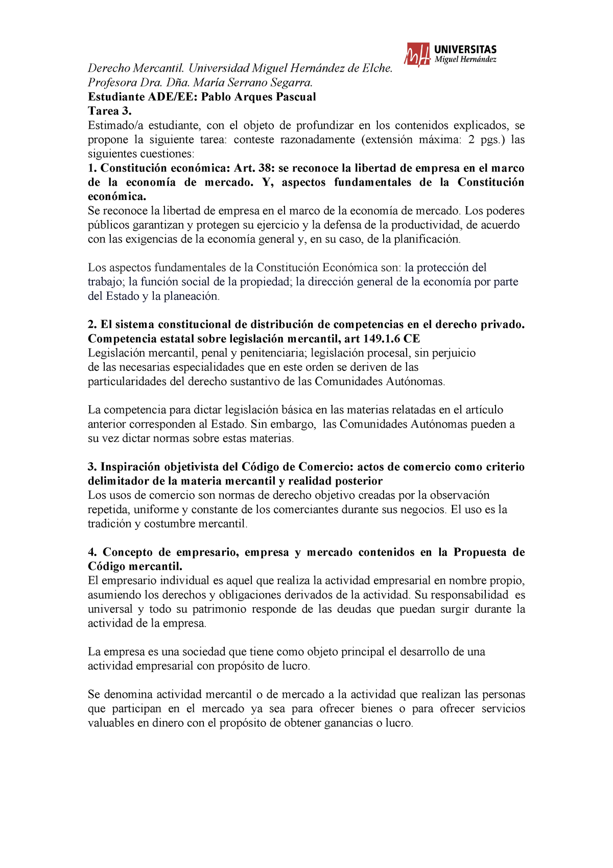 Tarea 3 Derecho Mercantil Derecho Mercantil Universidad Miguel Hernández De Elche Profesora 5071