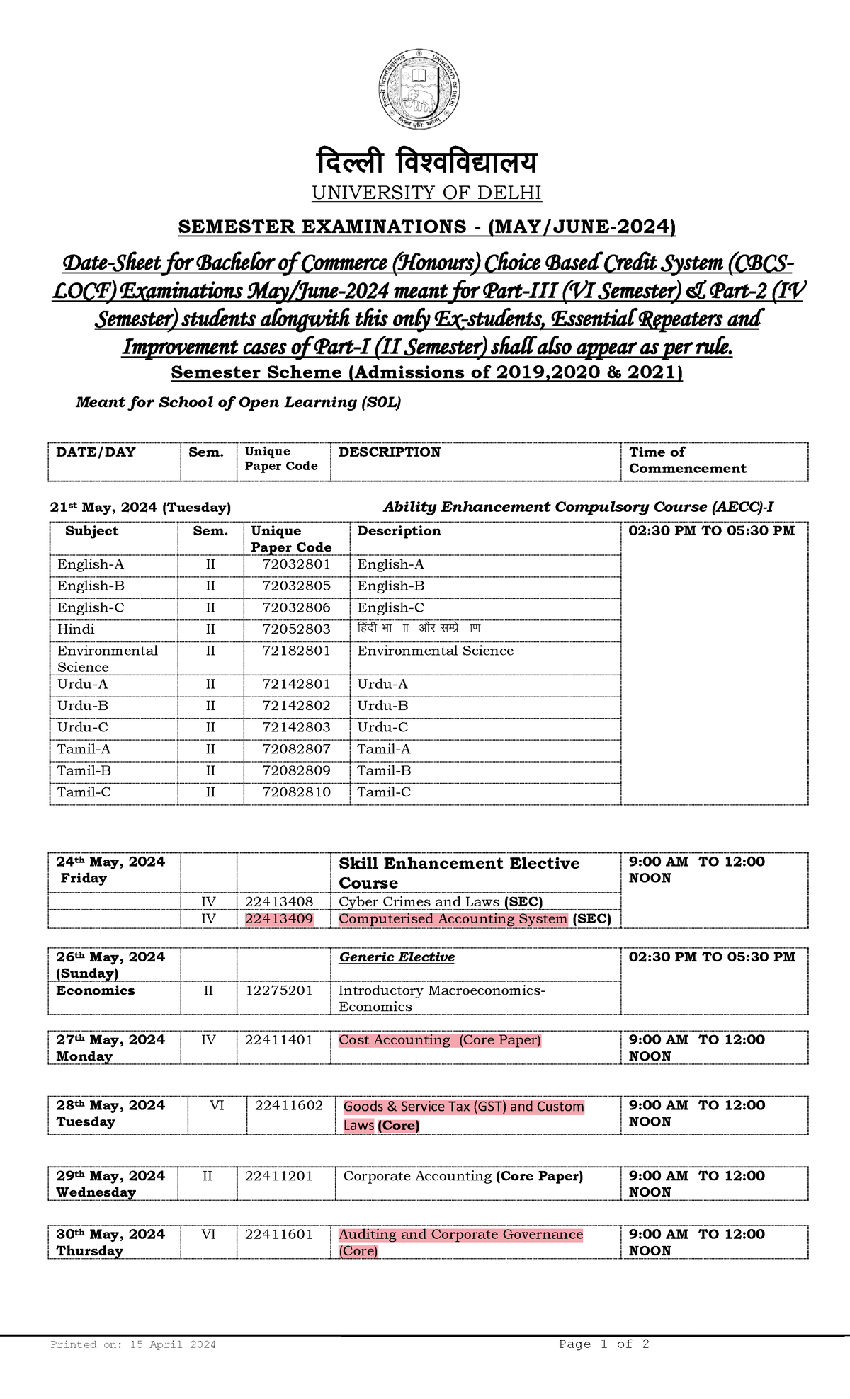 BCOM HONS Datesheet Summary Delhi university IPC Printed on: 15