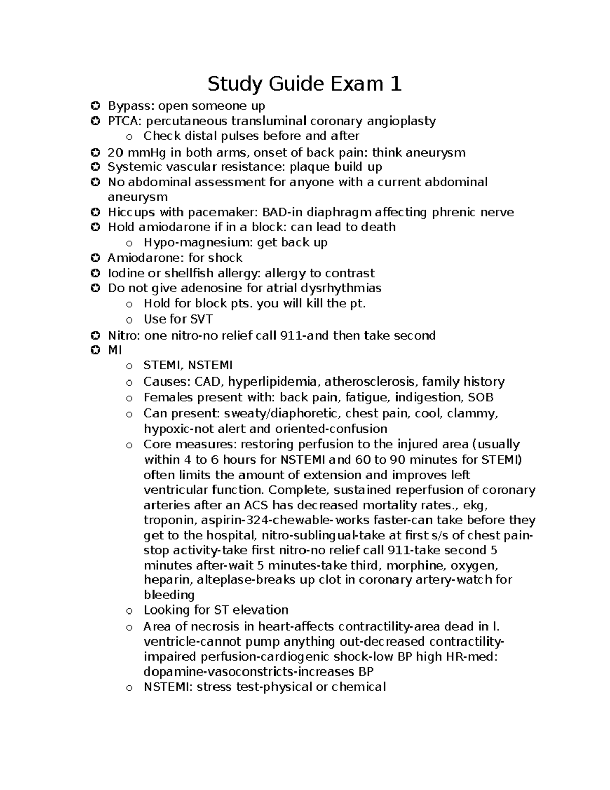 Exam 1 Review - Notes - Study Guide Exam 1 Bypass: open someone up PTCA ...