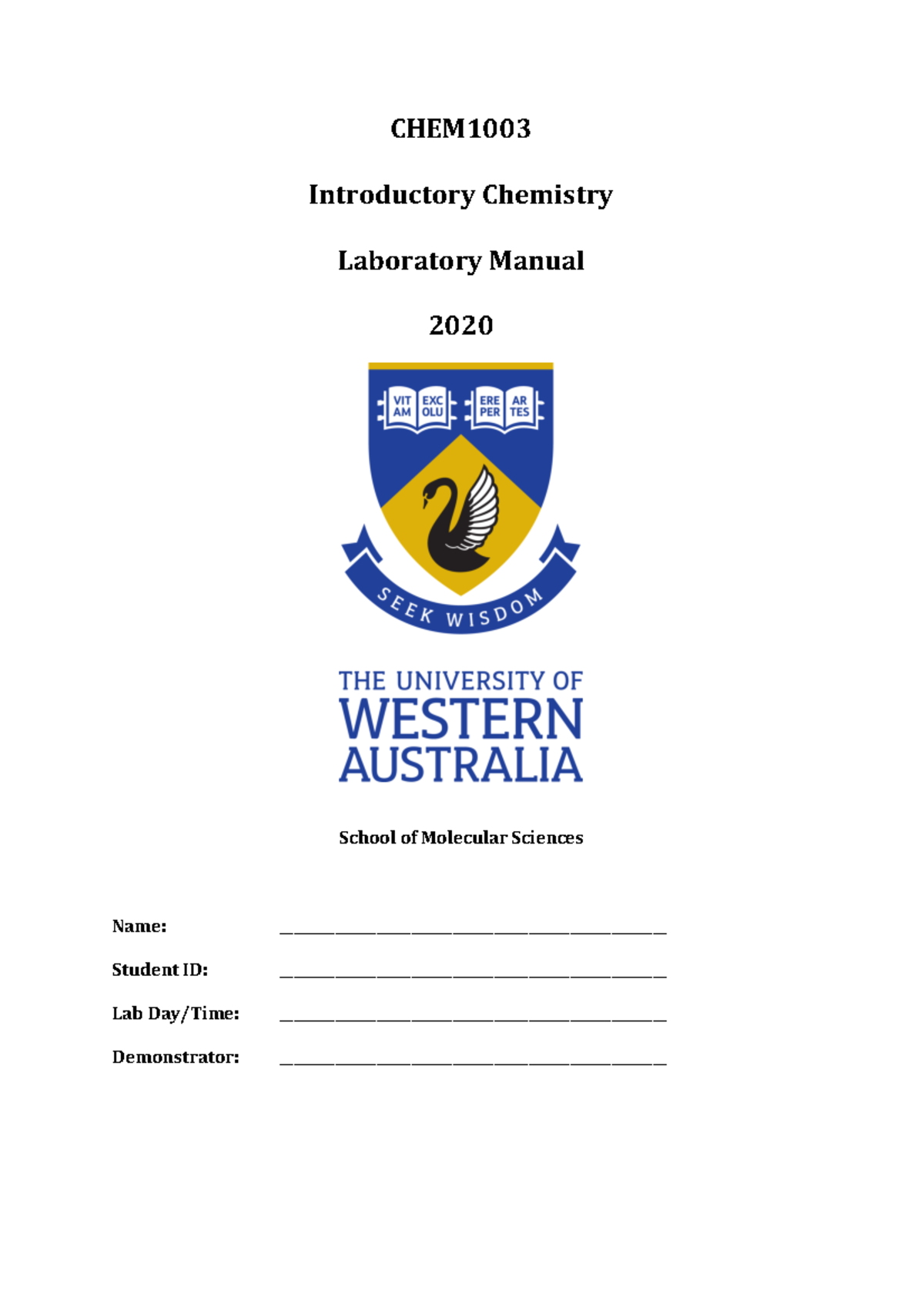 CHEM1003 Lab manual 2020 Sem 1 CHEM100 3 Introductory Chemistry