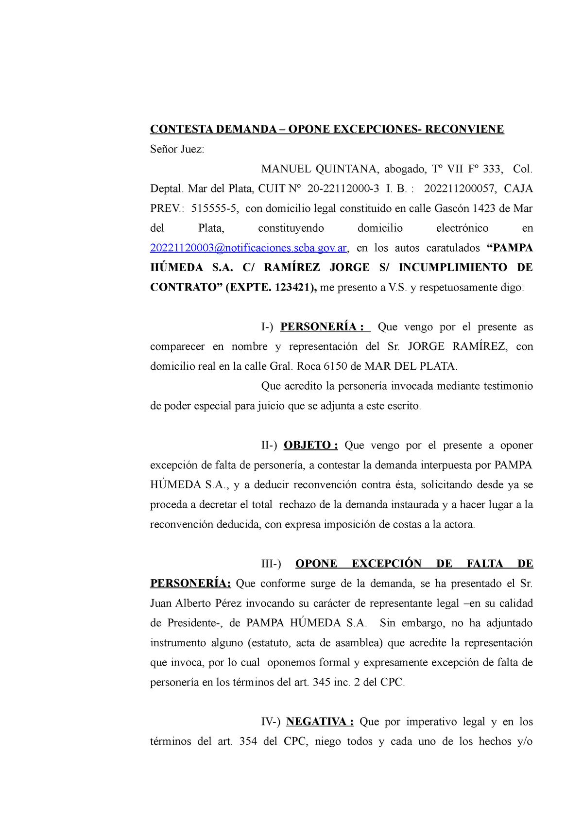 Modelo contestación de demanda proceso ordinario - CONTESTA DEMANDA – OPONE  EXCEPCIONES- RECONVIENE - Studocu