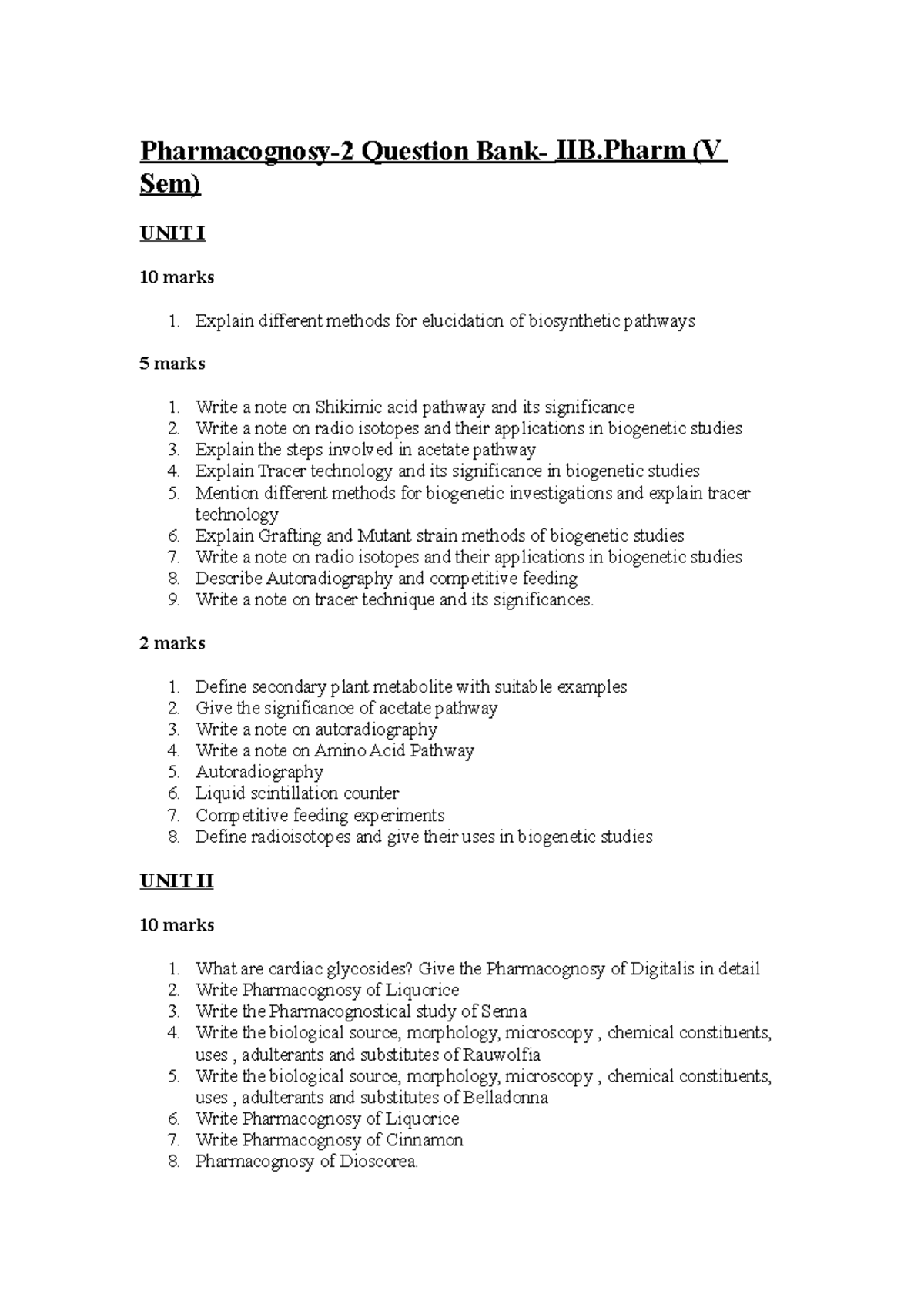 Pharmacognosy 2 Question Bank V Sem 1 - Pharmacognosy-2 Question Bank ...