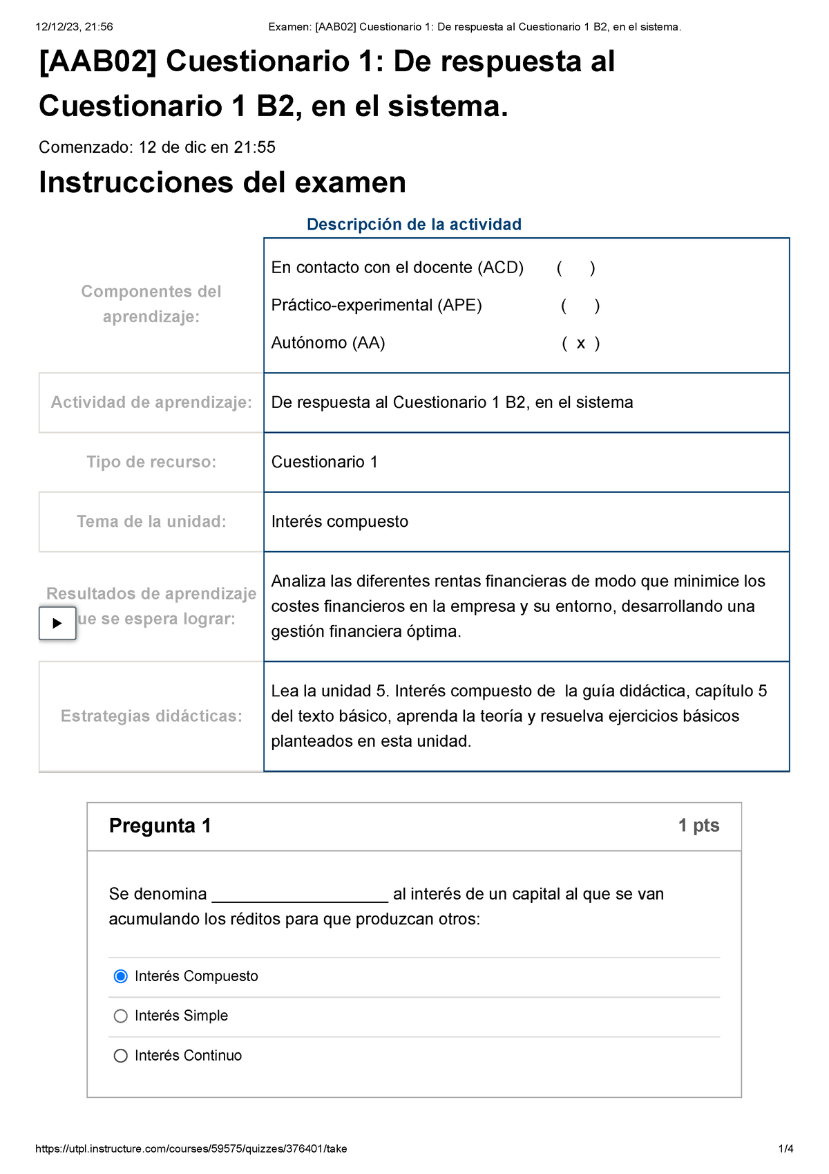 Examen [AAB02] Cuestionario 1 De Respuesta Al Cuestionario 1 B2, En El ...