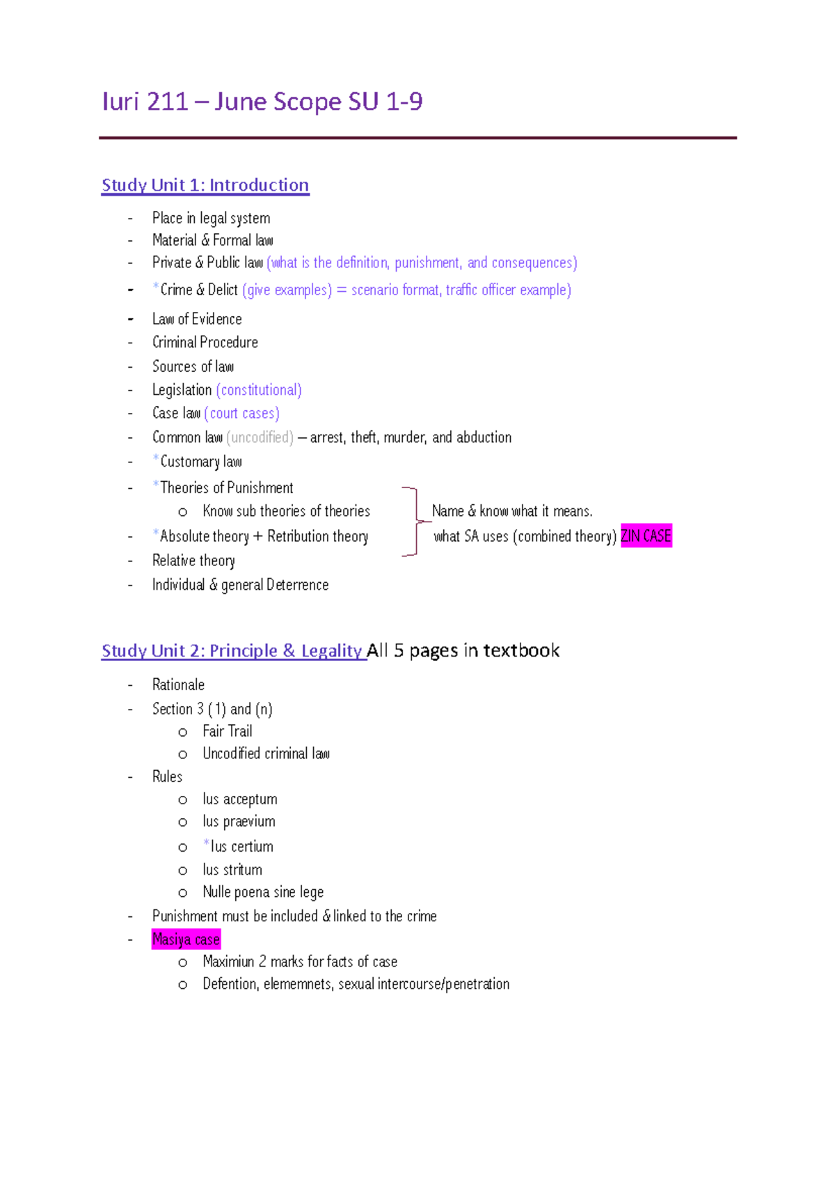 Iuri 211 Scope 1-9 - notes - Iuri 211 – June Scope SU 1- 9 Study Unit 1 ...