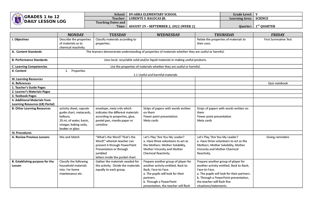 DLL Science 5 Q1 W2 - none - GRADES 1 to 12 DAILY LESSON LOG School: DY ...