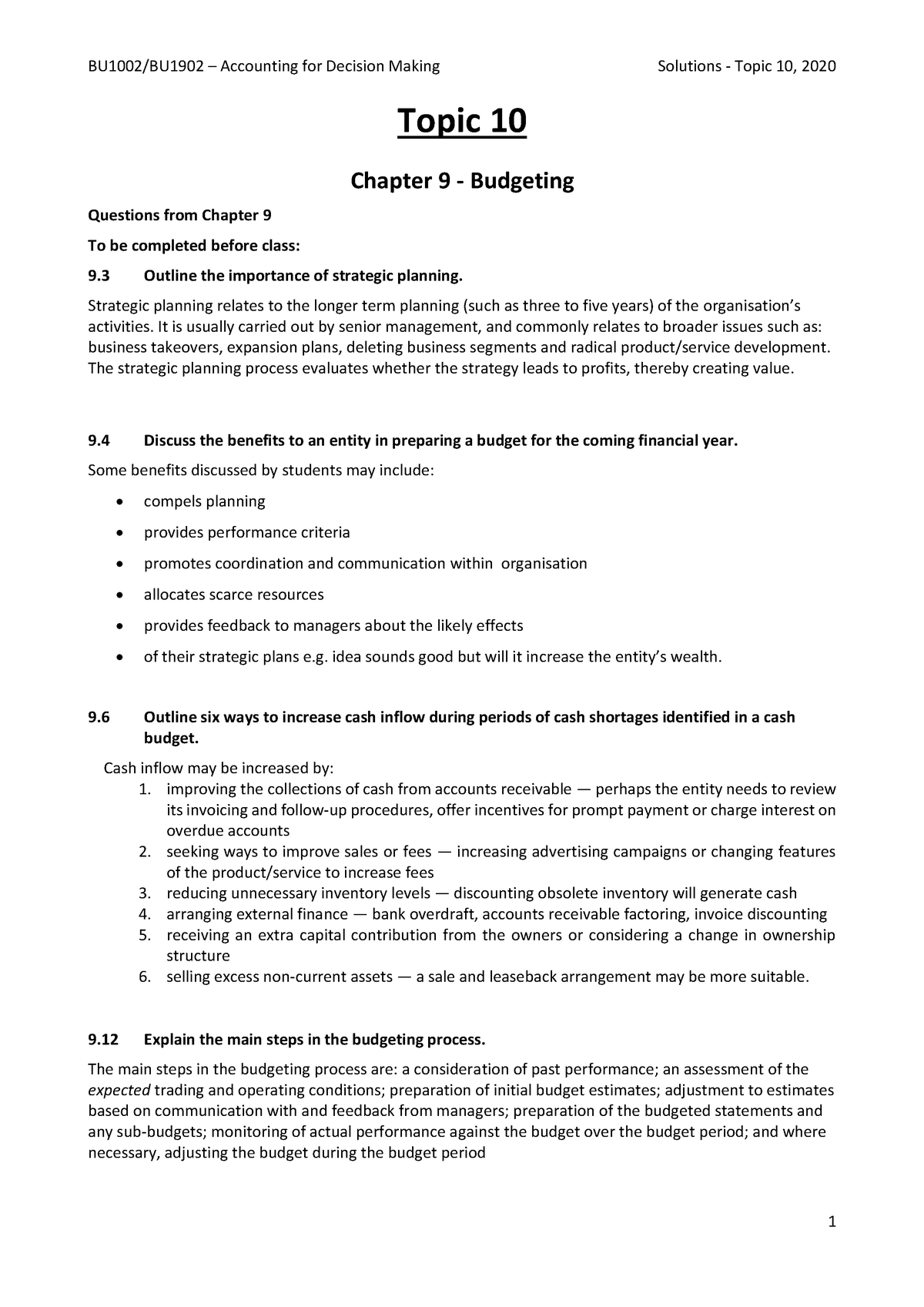 BU1002 Topic 10 Tutorial Solutions 2020 - Topic 10 Chapter 9 ...