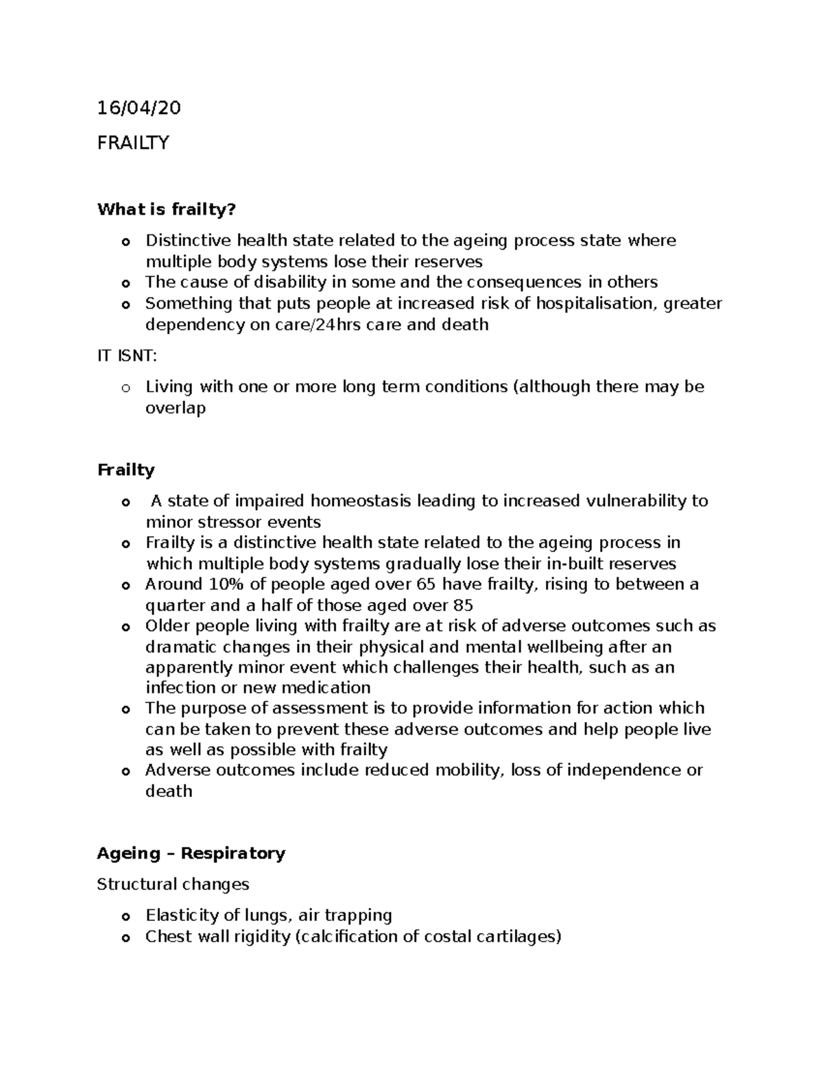 Frailty - Lecture notes 1 - 16/04/ FRAILTY What is frailty? o ...