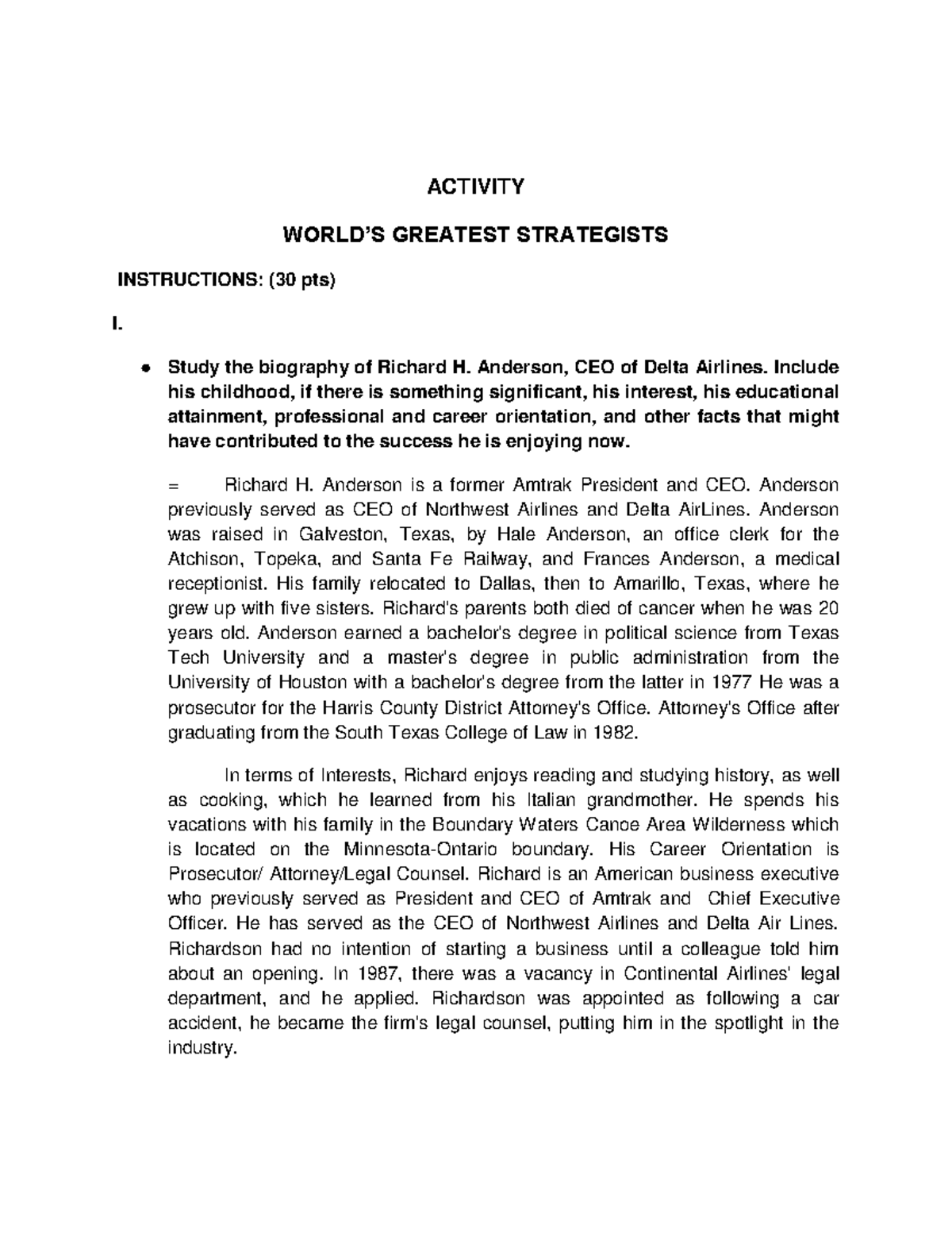 World Greatest Strategies ACTIVITY WORLD’S GREATEST STRATEGISTS INSTRUCTIONS (30 pts) I