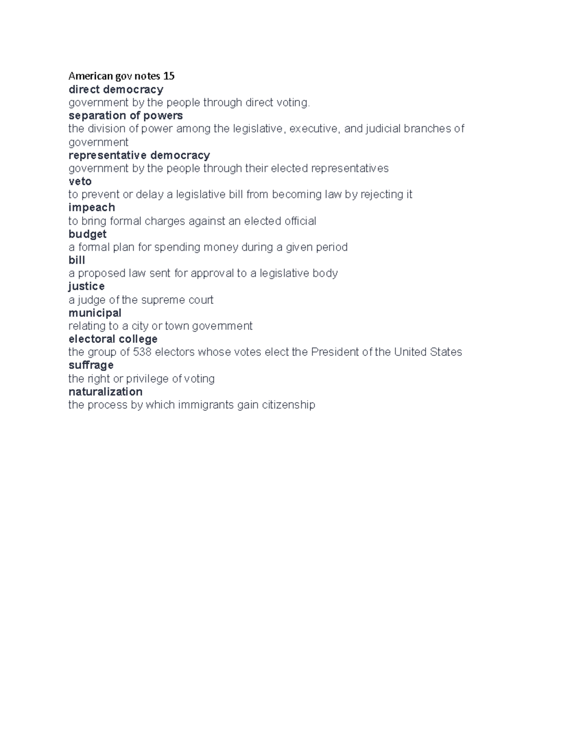 American gov notes 16 - separation of powers the division of power ...