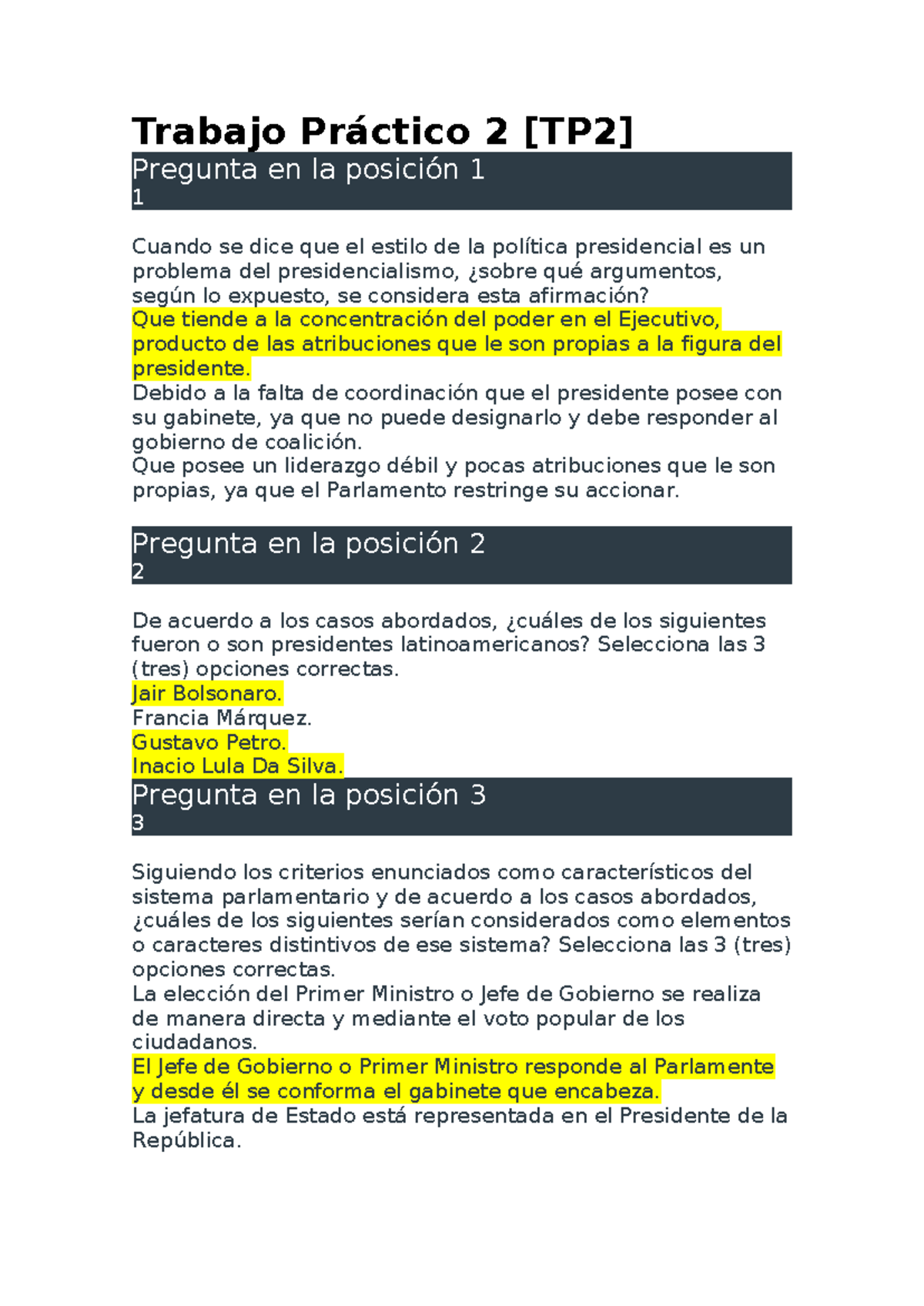 Sistemas Politicos Comparados TP 2 - Trabajo Práctico 2 [TP2] Pregunta ...