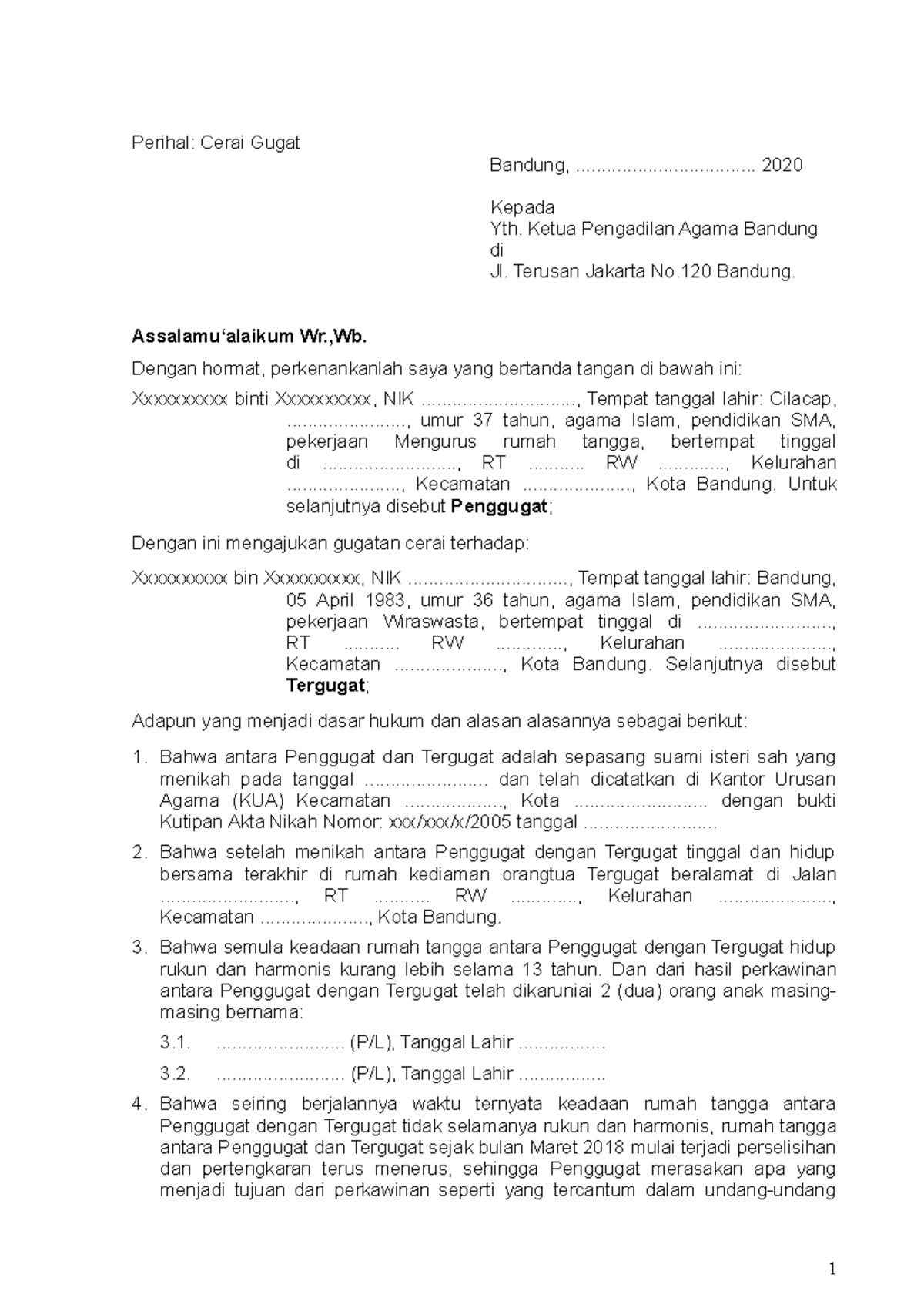 Contoh Cerai Gugat E Court - Perihal: Cerai Gugat Bandung