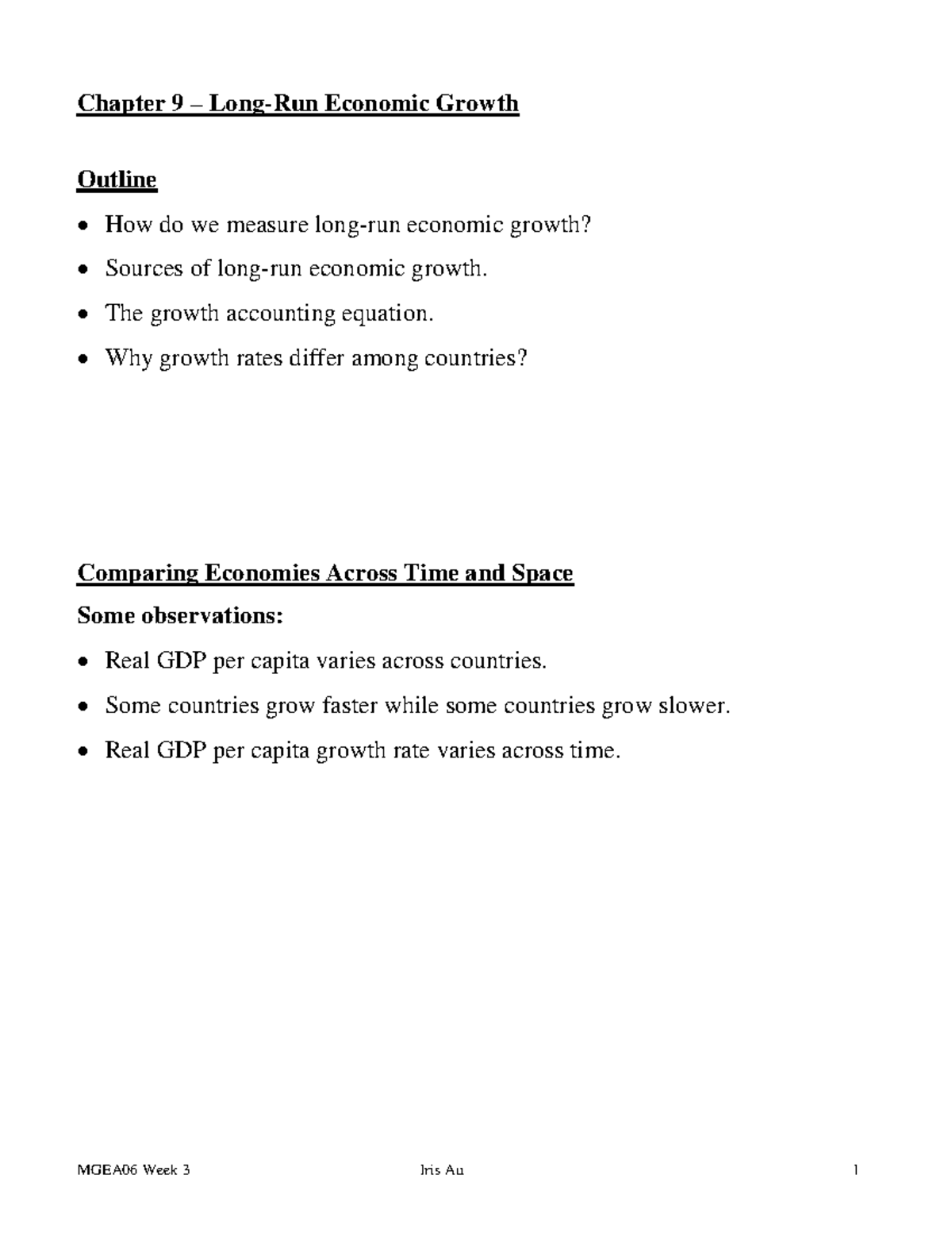 MGEA06H3 Week 3 - Long Run Economic Growth - Chapter 9 – Long-Run ...