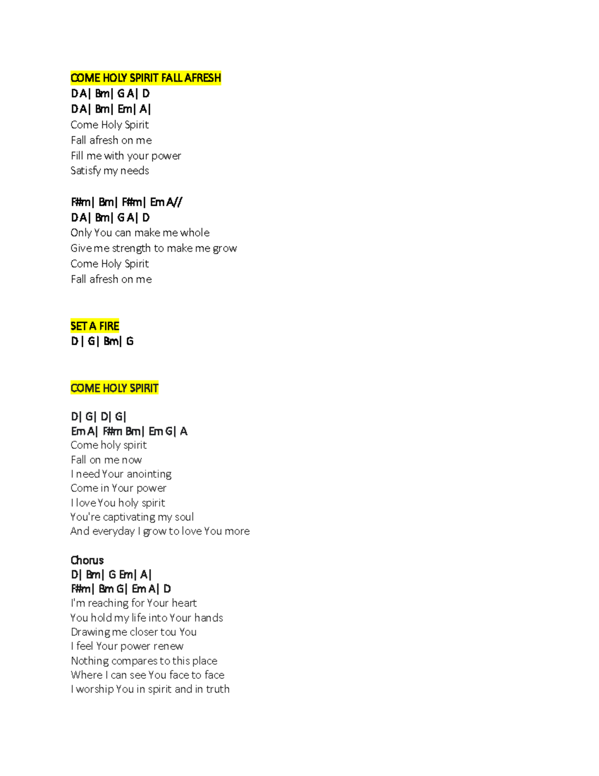 COME HOLY Spirit FALL Afresh COME HOLY SPIRIT FALL AFRESH D A Bm G