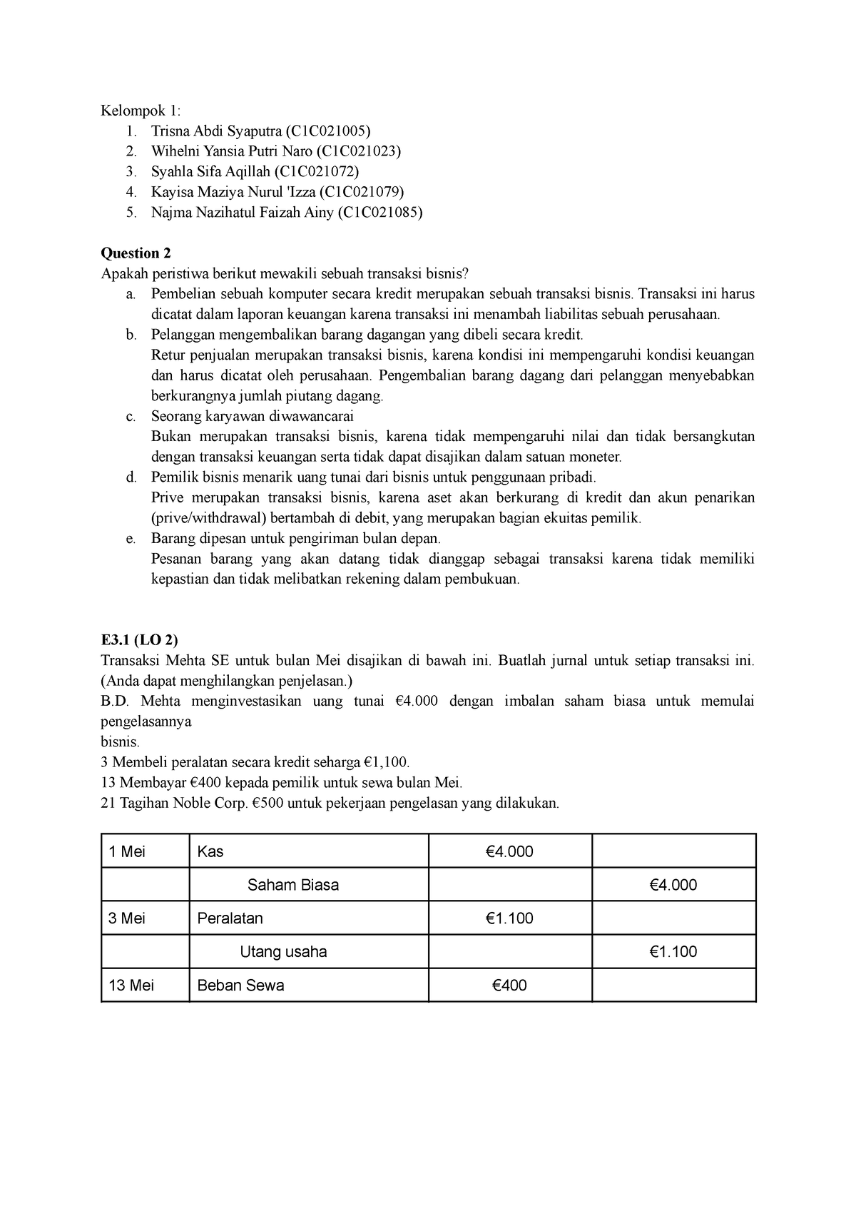 Kasus E3.1 (LO 2) Transaksi B.D. Mehta - Kelompok 1: 1. Trisna Abdi ...