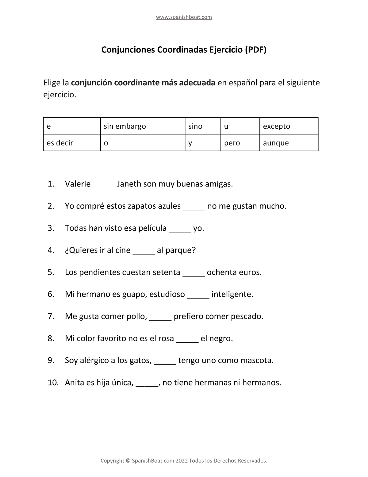 Conjunciones-coordinadas-ejercicio - Spanishboat Copyright ...