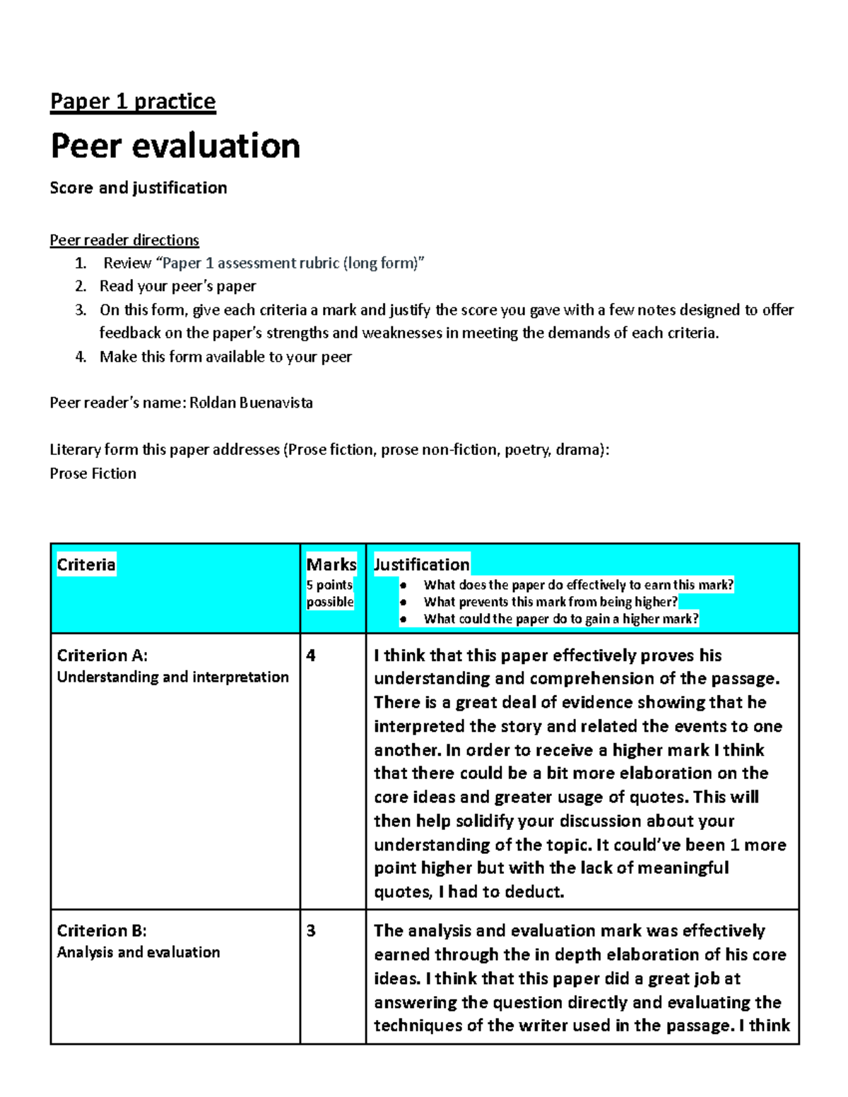Paper 1 practicePeer evaluation Paper 1 practice Peer evaluation Score and justification Peer