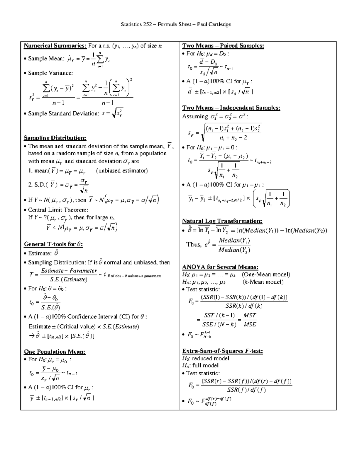 Stat 252 Formula Sheet For Homework And Exams - Statistics 252 