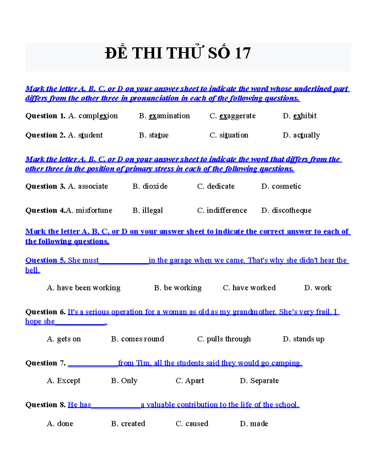 ĐỂ THI THỬ SỐ 17 - Mất Gốc Tiếng Anh - ĐỂ THI THỬ SỐ 17 Mark The Letter ...