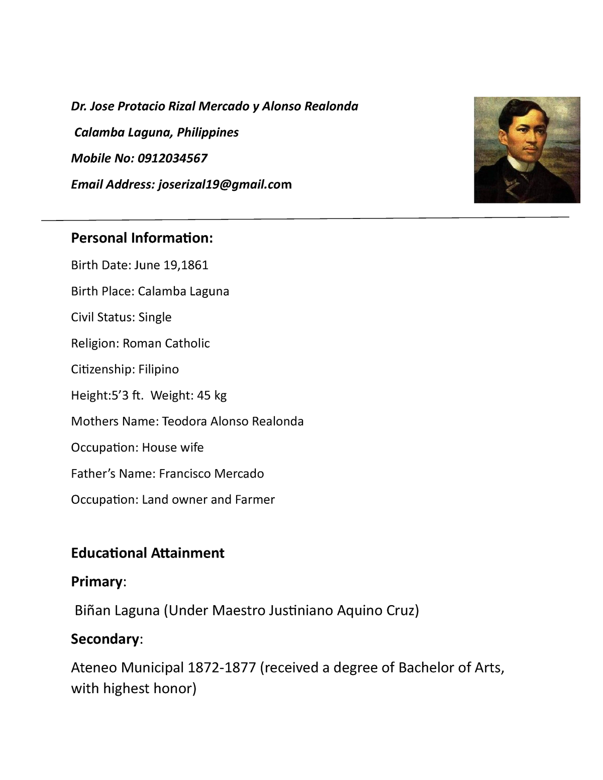 Rizal Resume - Dr. Jose Protacio Rizal Mercado y Alonso Realonda