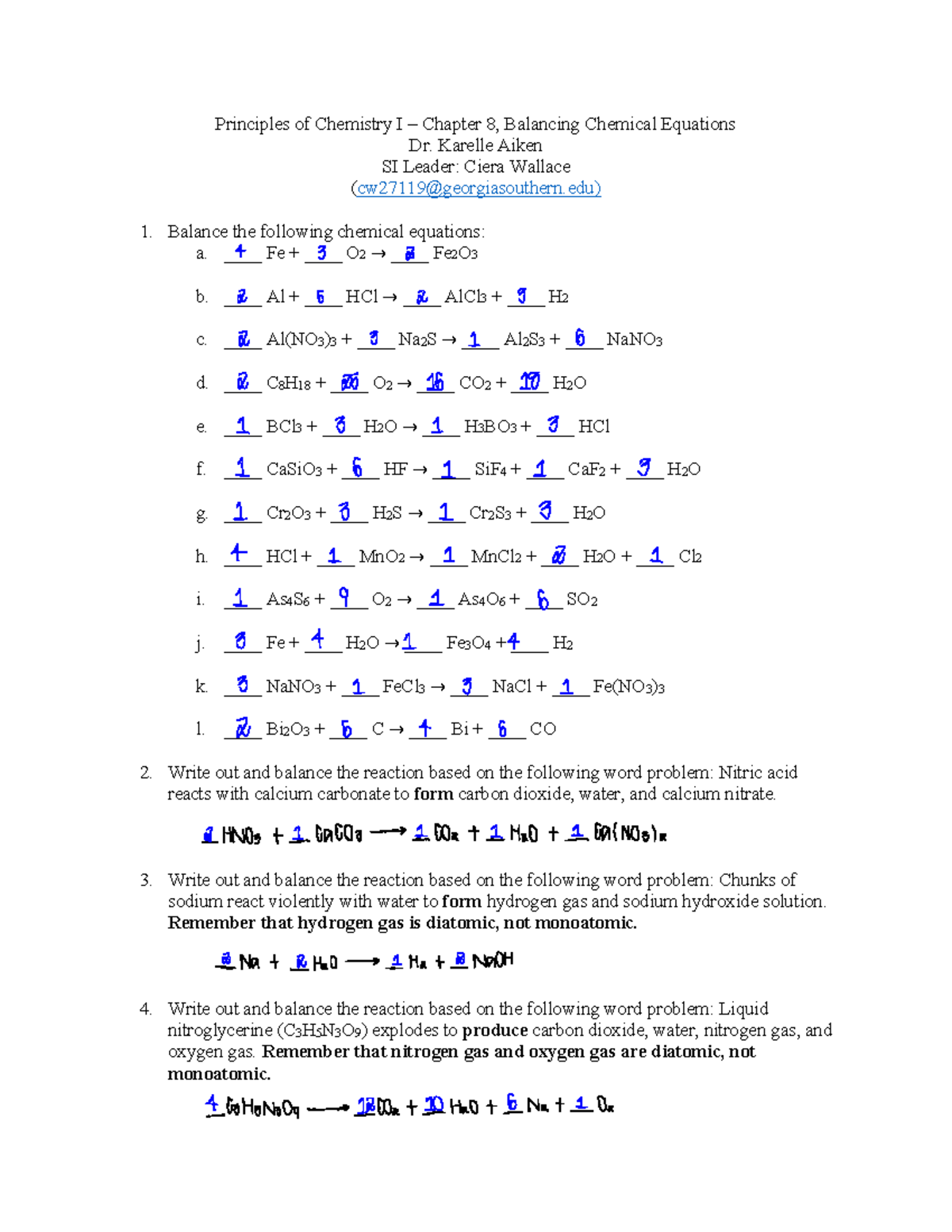 Principles of Chemistry I - Chapter 8, Balancing Chemical Equations ...