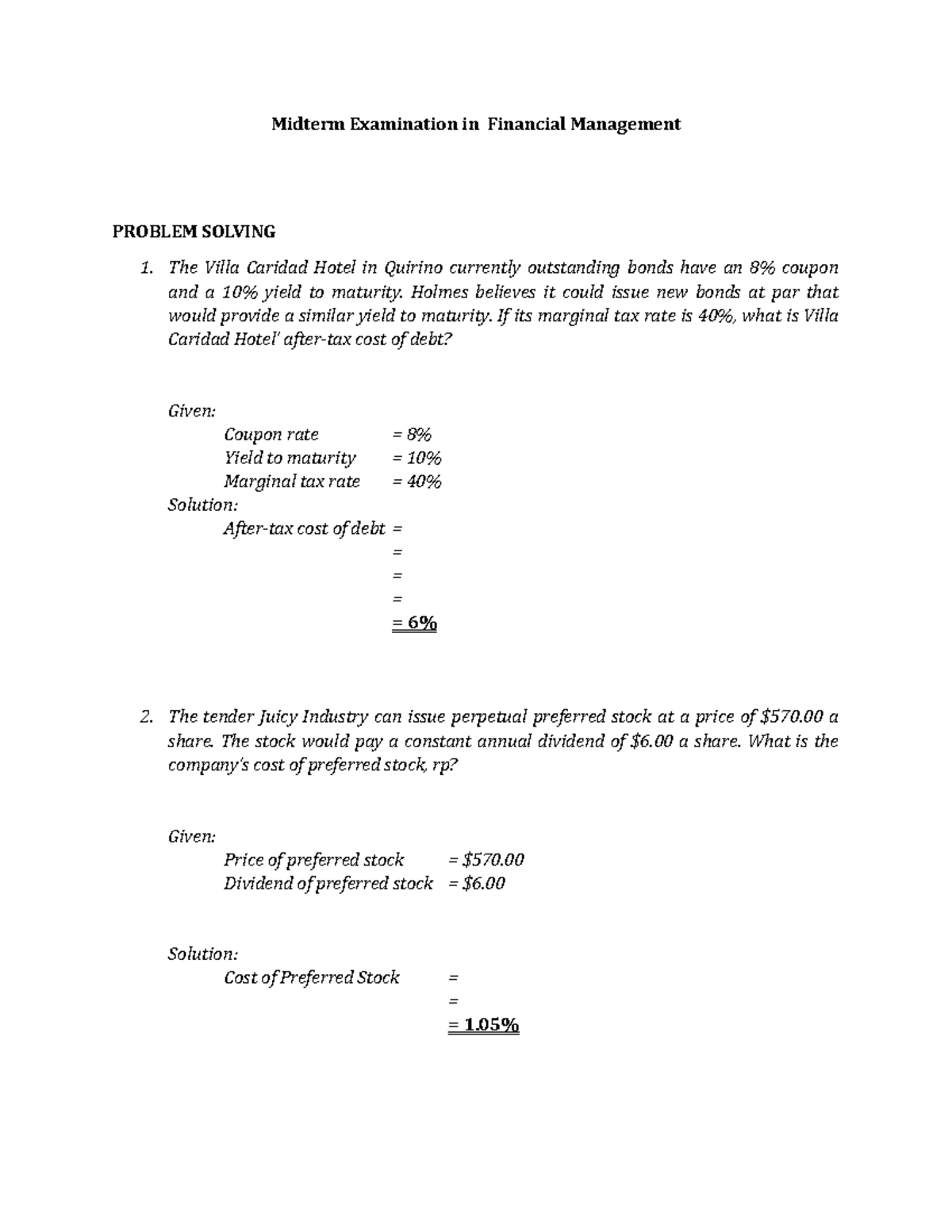 Midterm Examination in Financial Management Problem Solving - Midterm ...