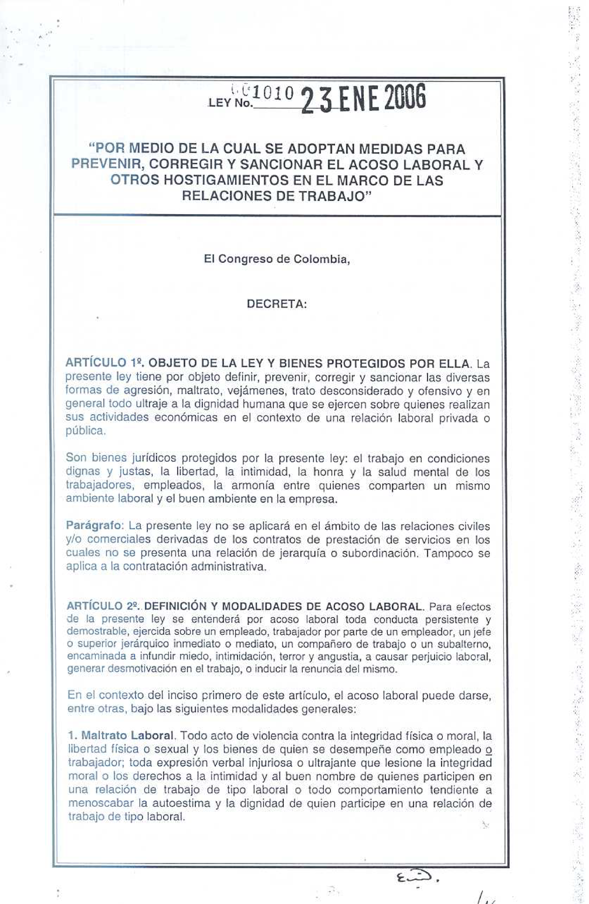 Ley1010-2006 - Ley Acoso Laboral - Seguridad Y Salud En El Trabajo ...