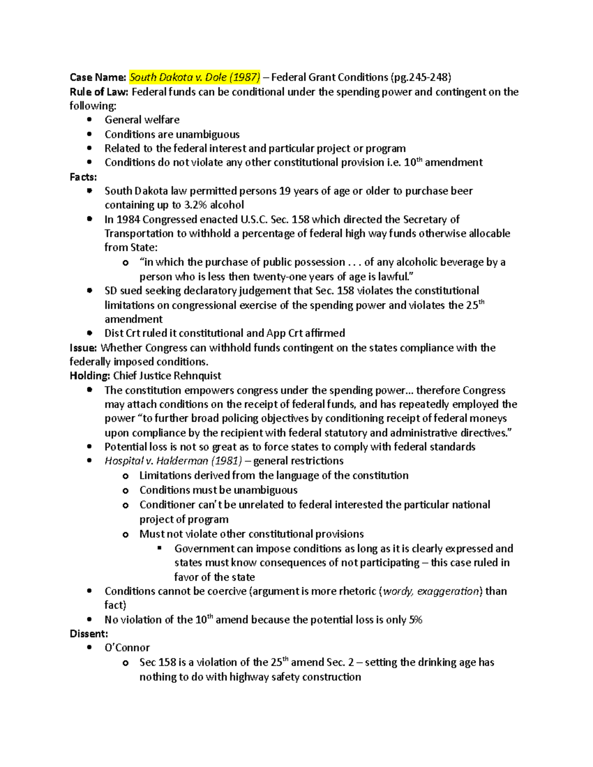 South Dakota v. Dole (1987) Case Brief Case Name South Dakota v