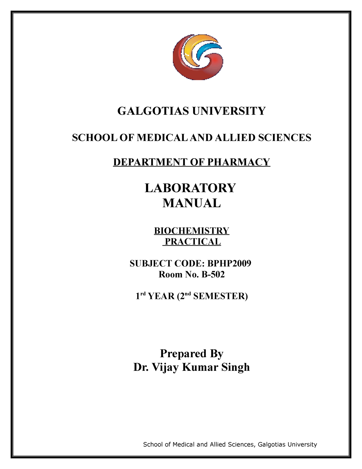 Biochemistry Practical Manual BPHP2009 - GALGOTIAS UNIVERSITY SCHOOL OF ...