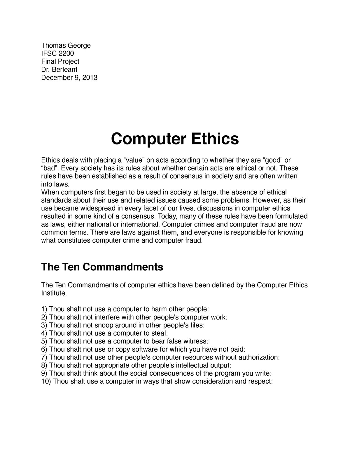 what is computer ethics essay