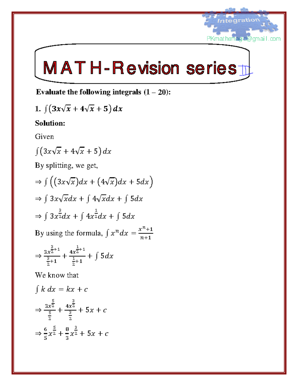 Integration-2 - Integration summary questions - Evaluate the following ...
