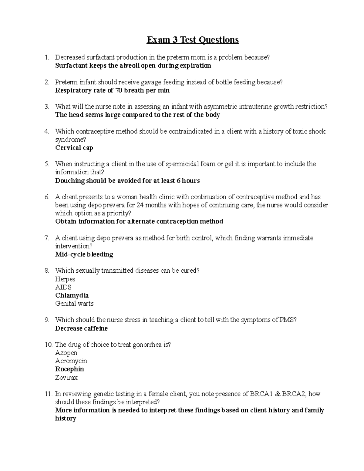 Exam 3 questions 2 EXAM 3 Exam 3 Test Questions Decreased