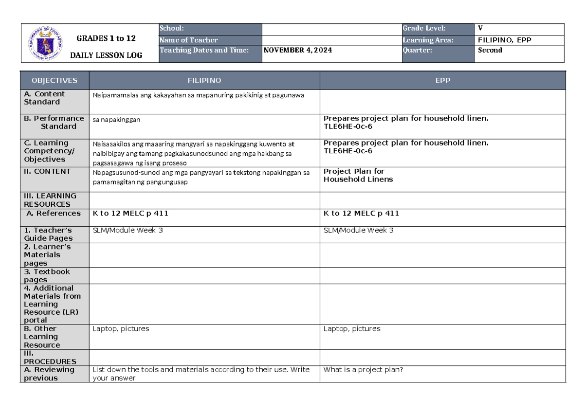 DLL Grade FIVE for upload - OBJECTIVES FILIPINO EPP A. Content Standard ...