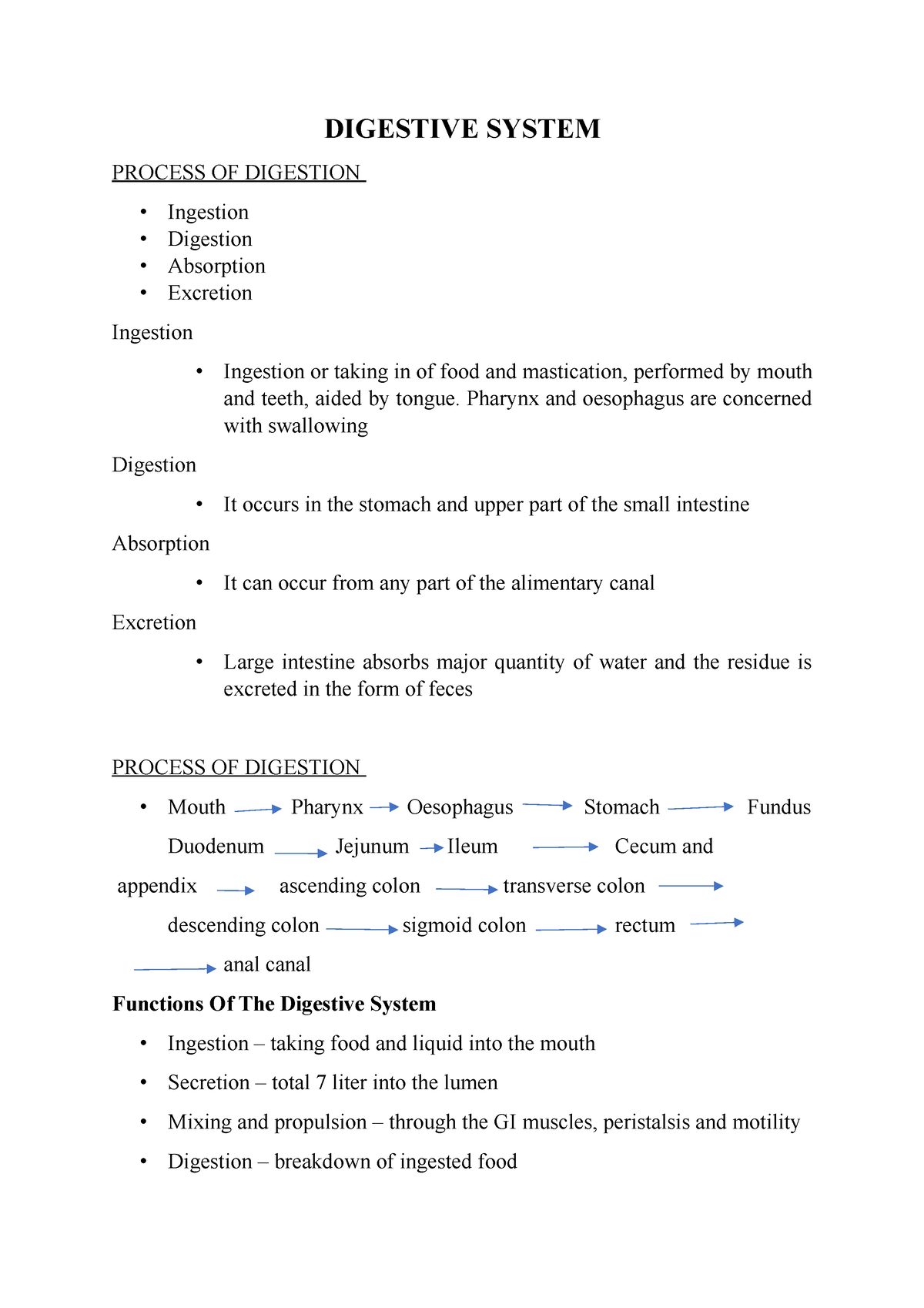 Digestive System Notes - DIGESTIVE SYSTEM PROCESS OF DIGESTION ...