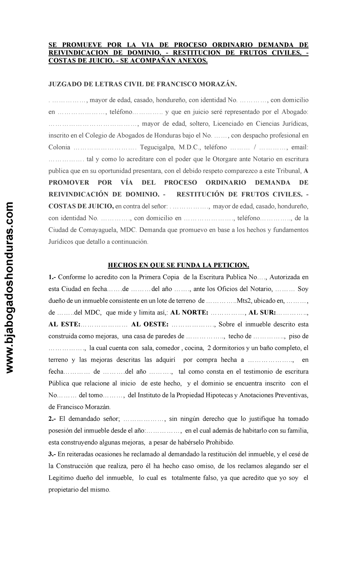 Formato Reivindicatoria Dominio Via Proceso Ordinario Honduras - Procesal  Civil - UTH - Studocu