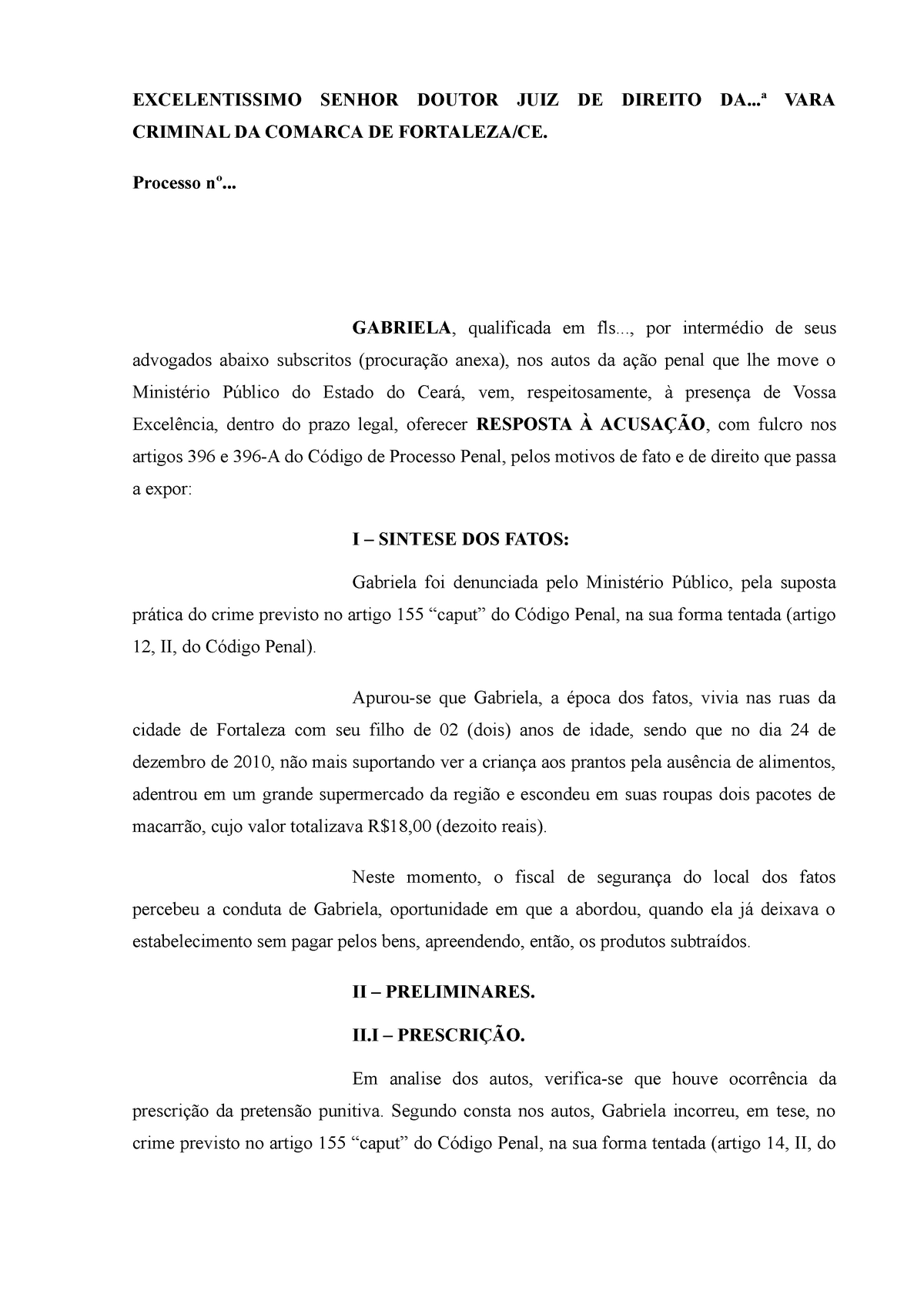 Pratica Penal Resposta A Acusação 2 Excelentissimo Senhor Doutor Juiz De Direito Vara Criminal 7766