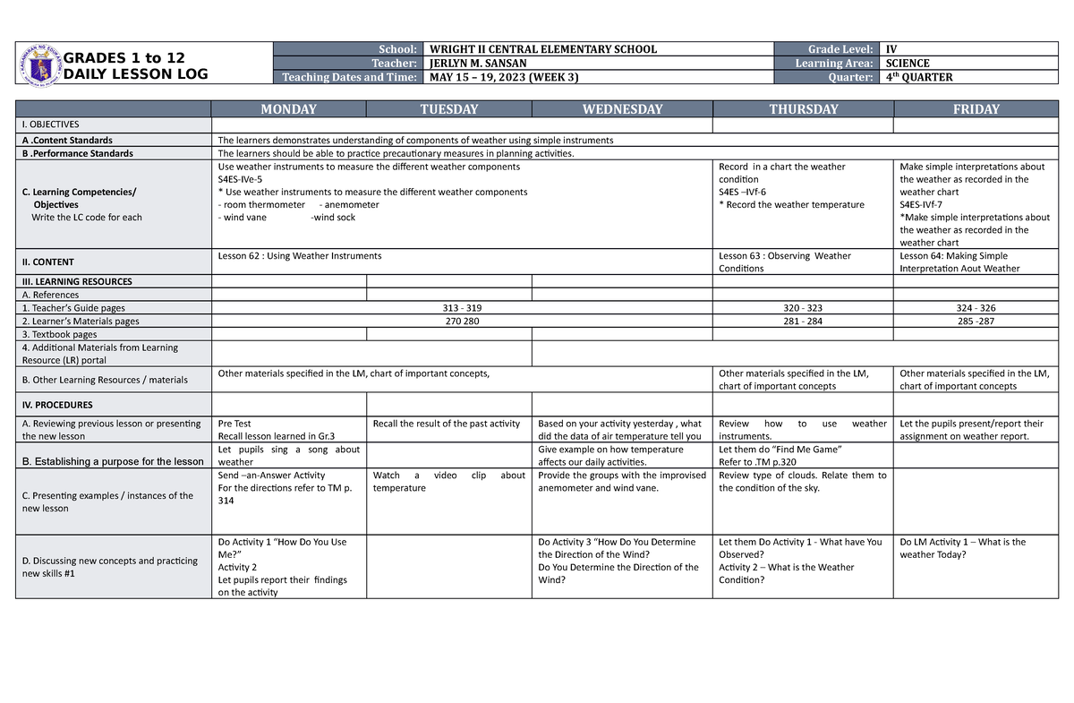 DLL Science 4 Q4 W3 - guide - GRADES 1 to 12 DAILY LESSON LOG School ...